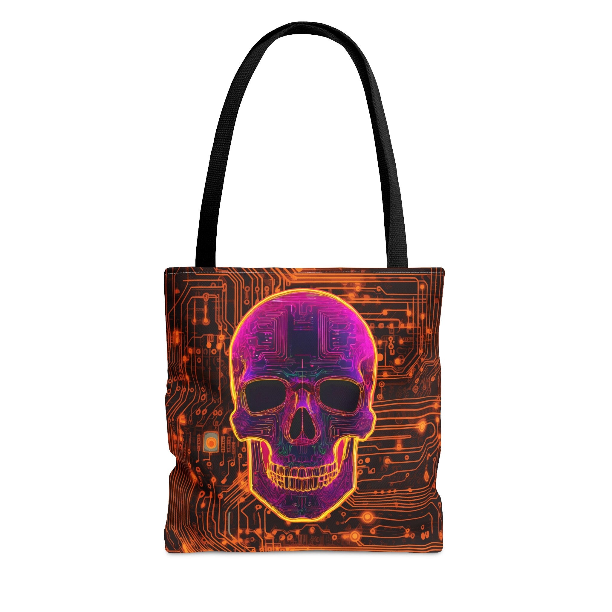 Cyber Fusion Orange Neon Lights All Over Print Tote Bag with Glowing Pink Cyber Skull Tote Bag – Warm & Stylish · High-Quality Print