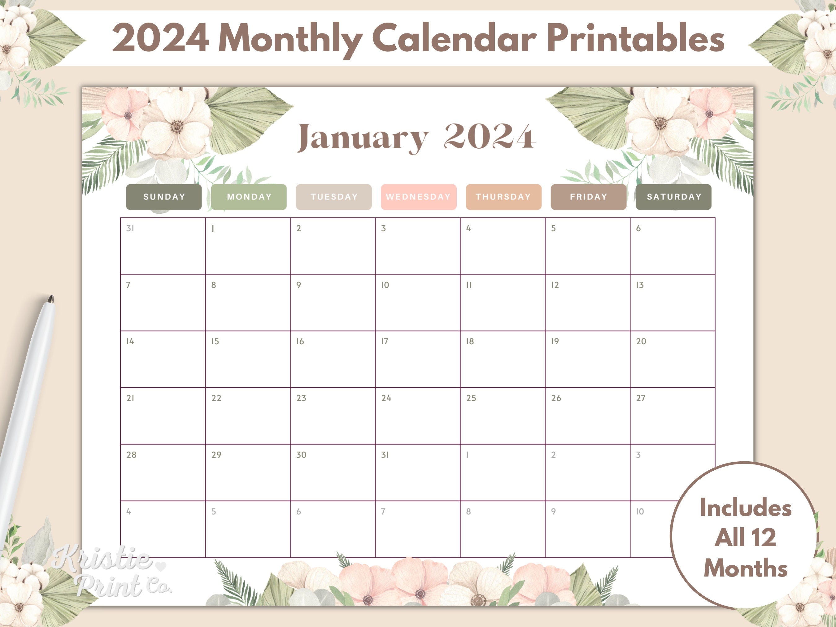 Boho Calendar 2024 Monthly Calendar Printable Sunday Start Planner Printable Calendar Template Horizontal Calendar Modern Calendar 2024 Graphic Tee – Premium Graphic · Trending Graphic Apparel