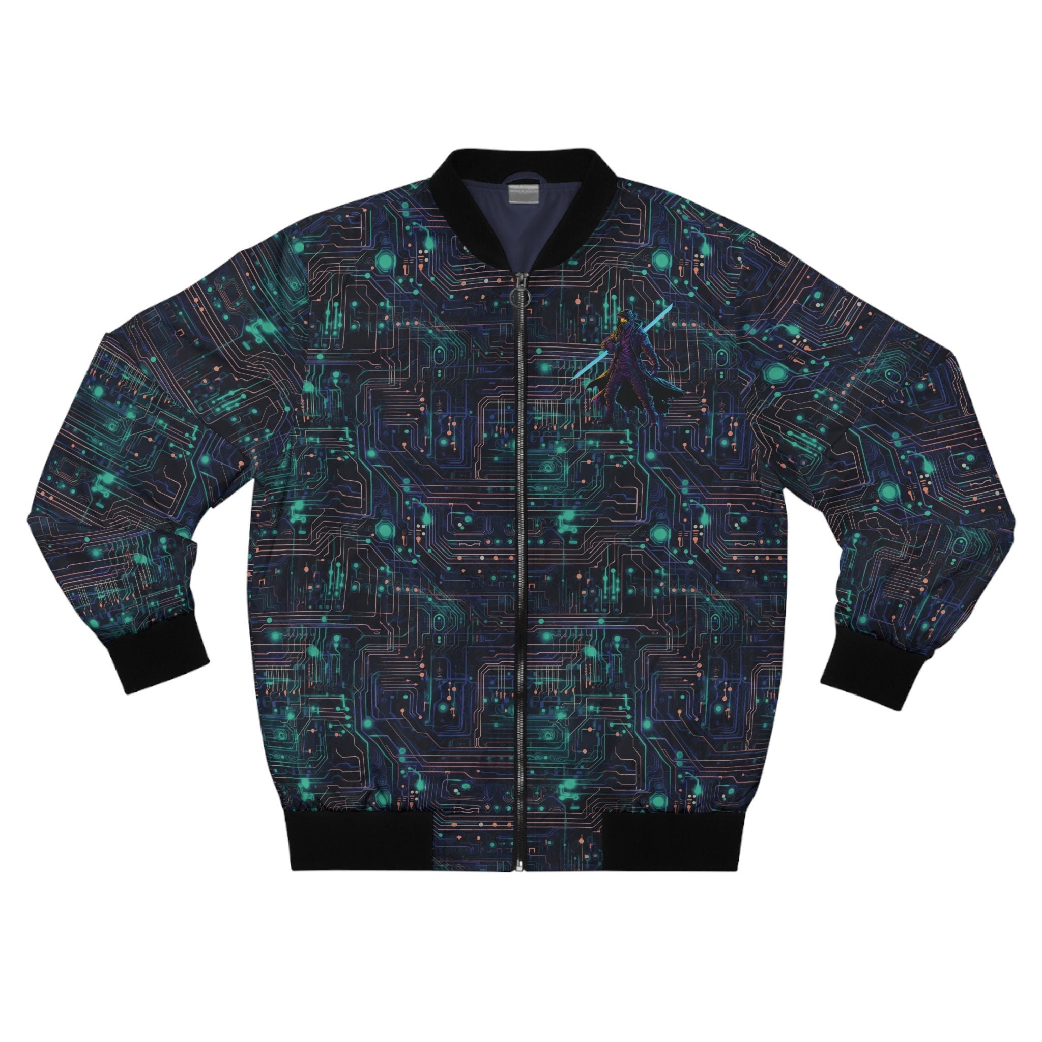 Cyberpunk Vanguard Neon Circuit Board Men39s Bomber Jacket AOP Graphic Tee – Aesthetic Look · High-Quality Print