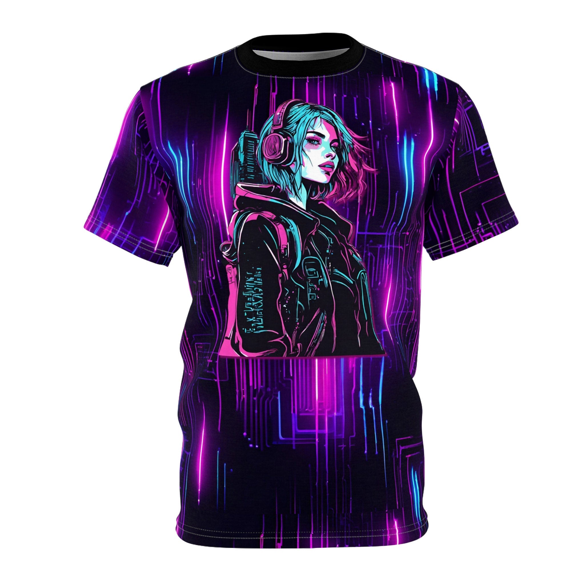 Neon Futuristic Lights Cyberpunk Girl Unisex Cut Sew Tee AOP Graphic Tee – Warm & Stylish · Perfect For Daily Wear