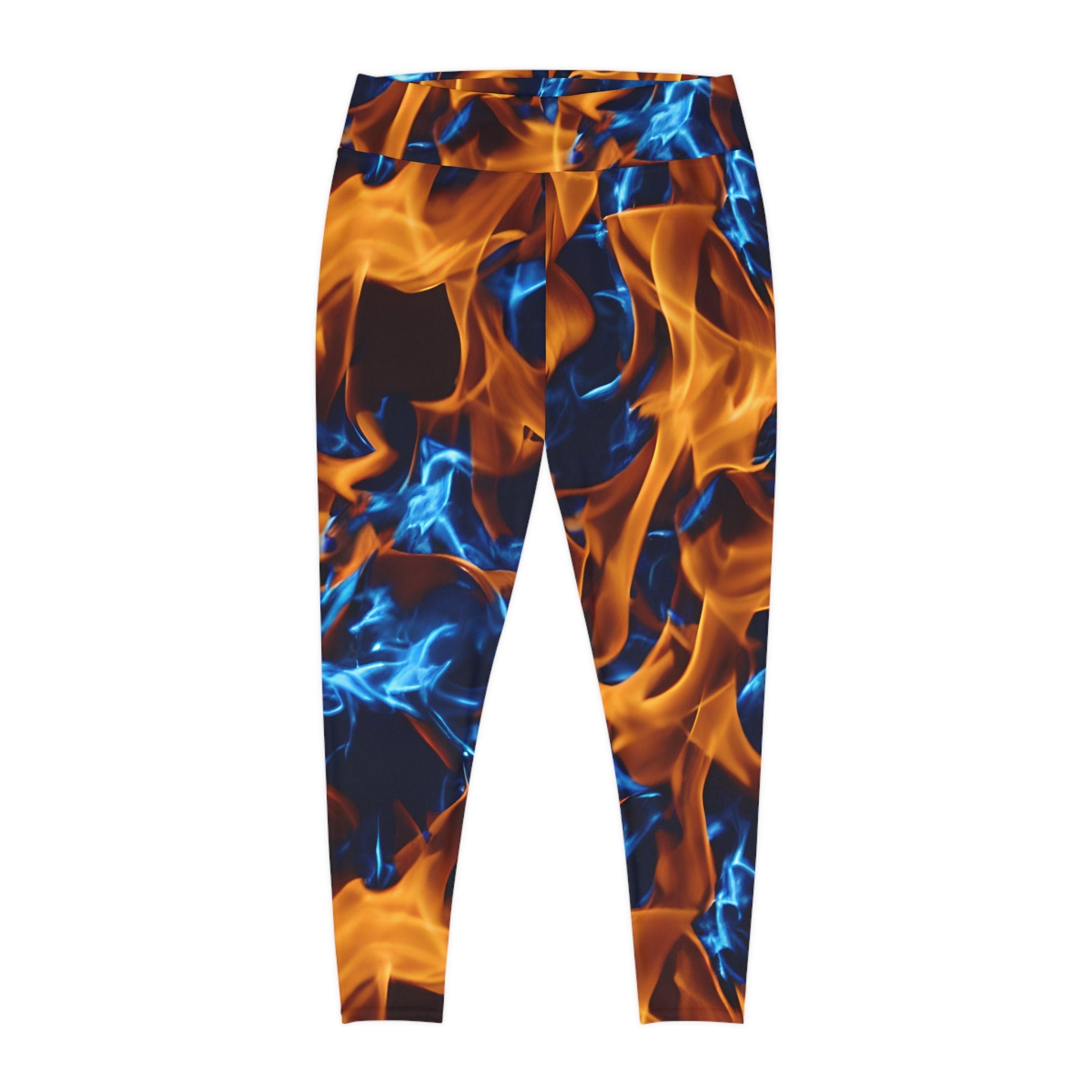 Plus Size Leggings with Blue and Orange Flames AOP Stylish Comfort for Every Curve Graphic Tee – Soft Feel · Trending Graphic Apparel