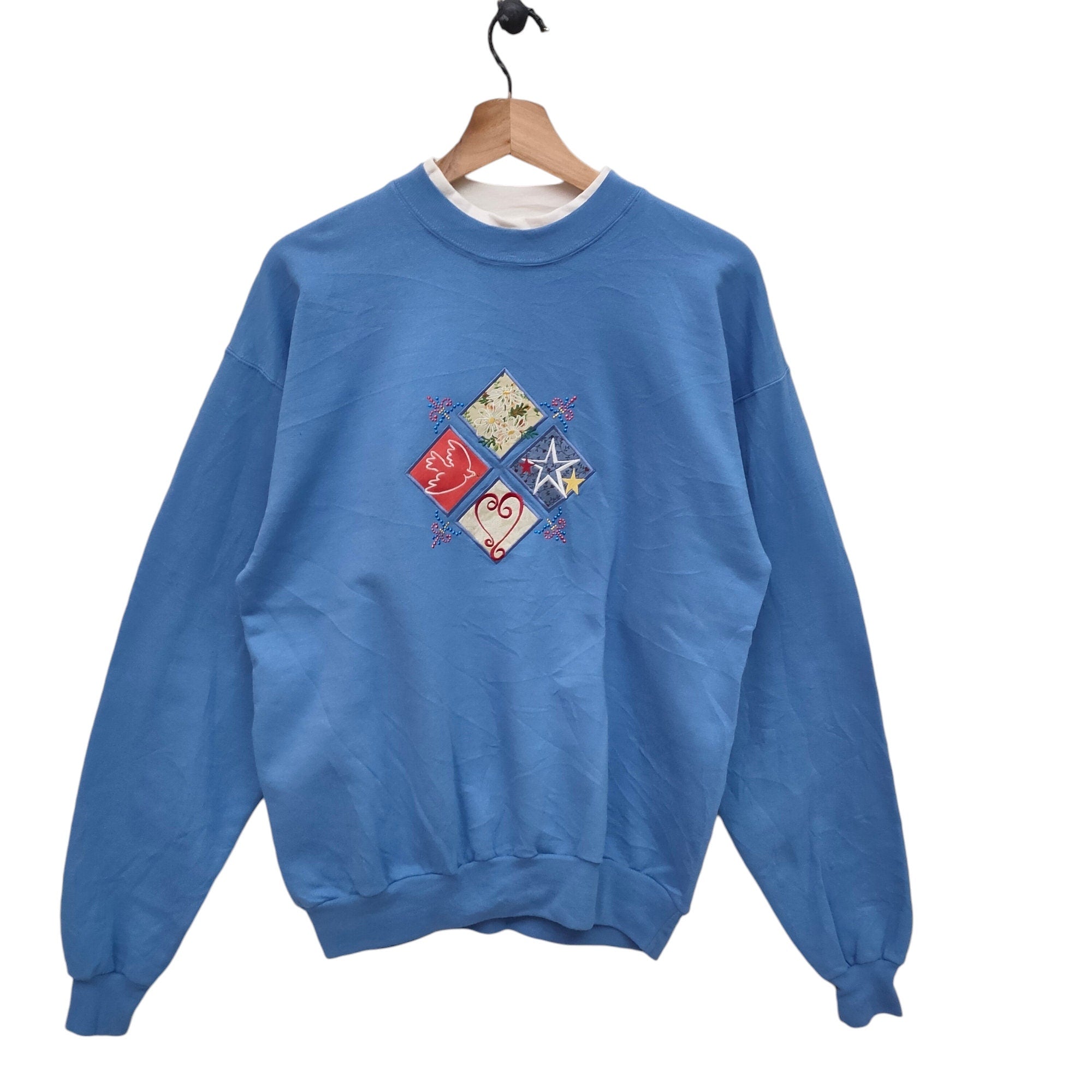 Y2K MCcc Sportswear Embroidery Sweatshirt Medium Vintage Flower Love Bird Star Sweater Jumper Crewneck Blue Size M Sweatshirt – Everyday Comfort · High-Quality Print
