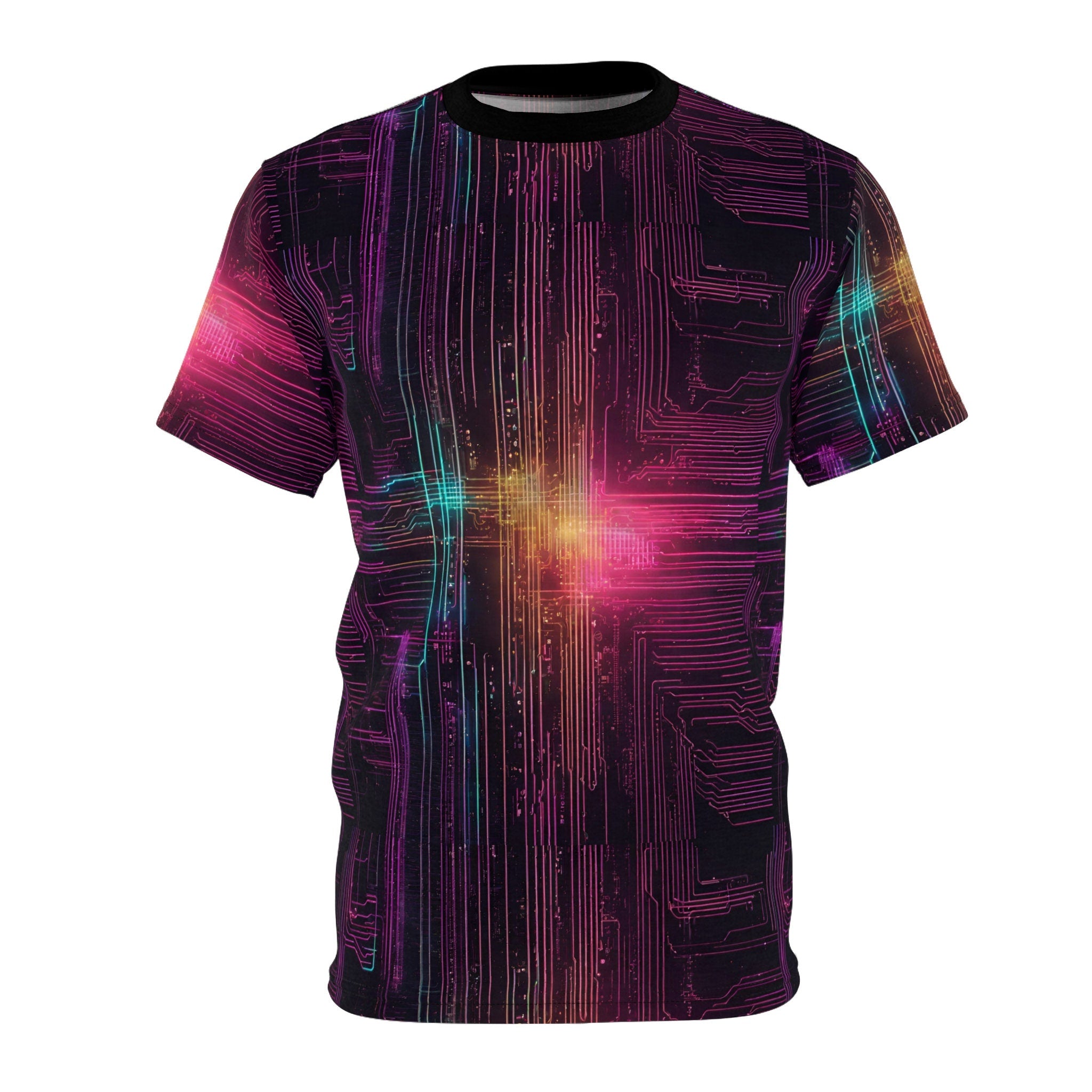 Neon Futuristic Lights Circuit Board Cyberpunk Unisex Cut Sew Tee AOP Graphic Tee – Aesthetic Look · High-Quality Print