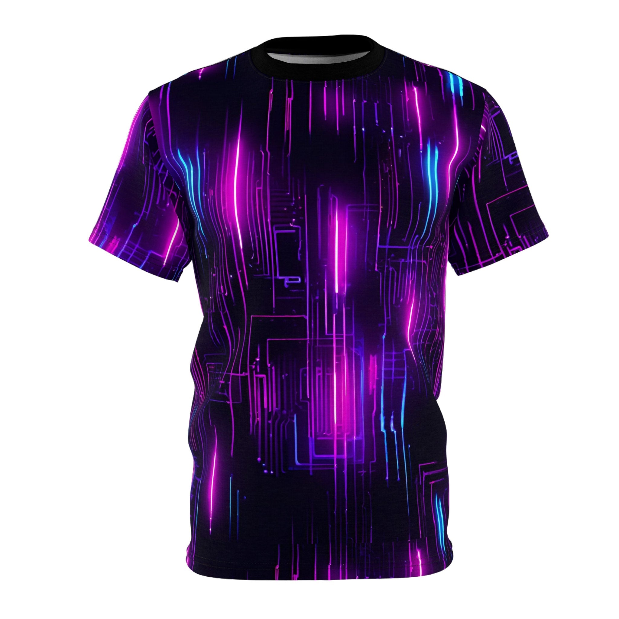 Cyberpunk Circuit Board with Neon Lights Unisex Cut Sew Tee AOP Graphic Tee – Aesthetic Look · Must-Have Style