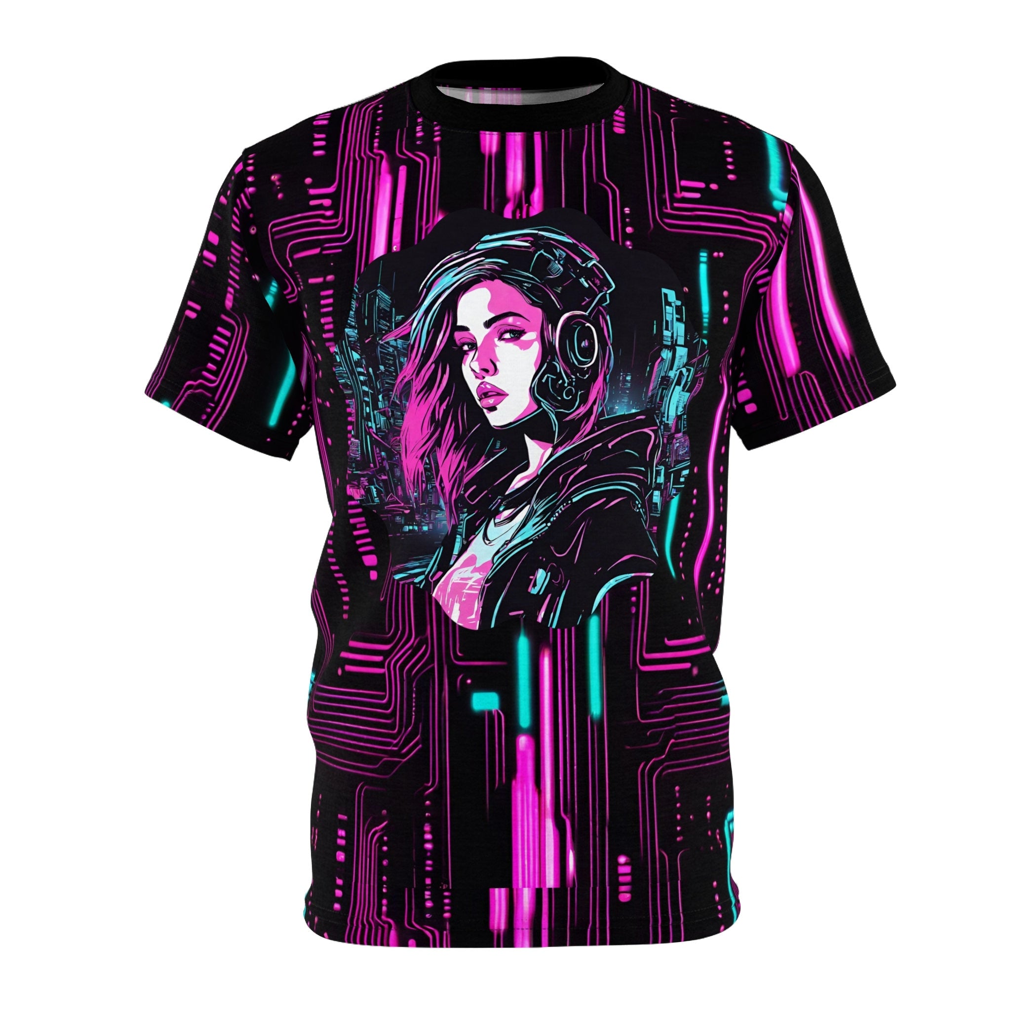 Cyberpunk Girl Unisex AOP Tee Neon Lights 3D Circuit Board Design Graphic Tee – Bold Style · Great Gift For Fans