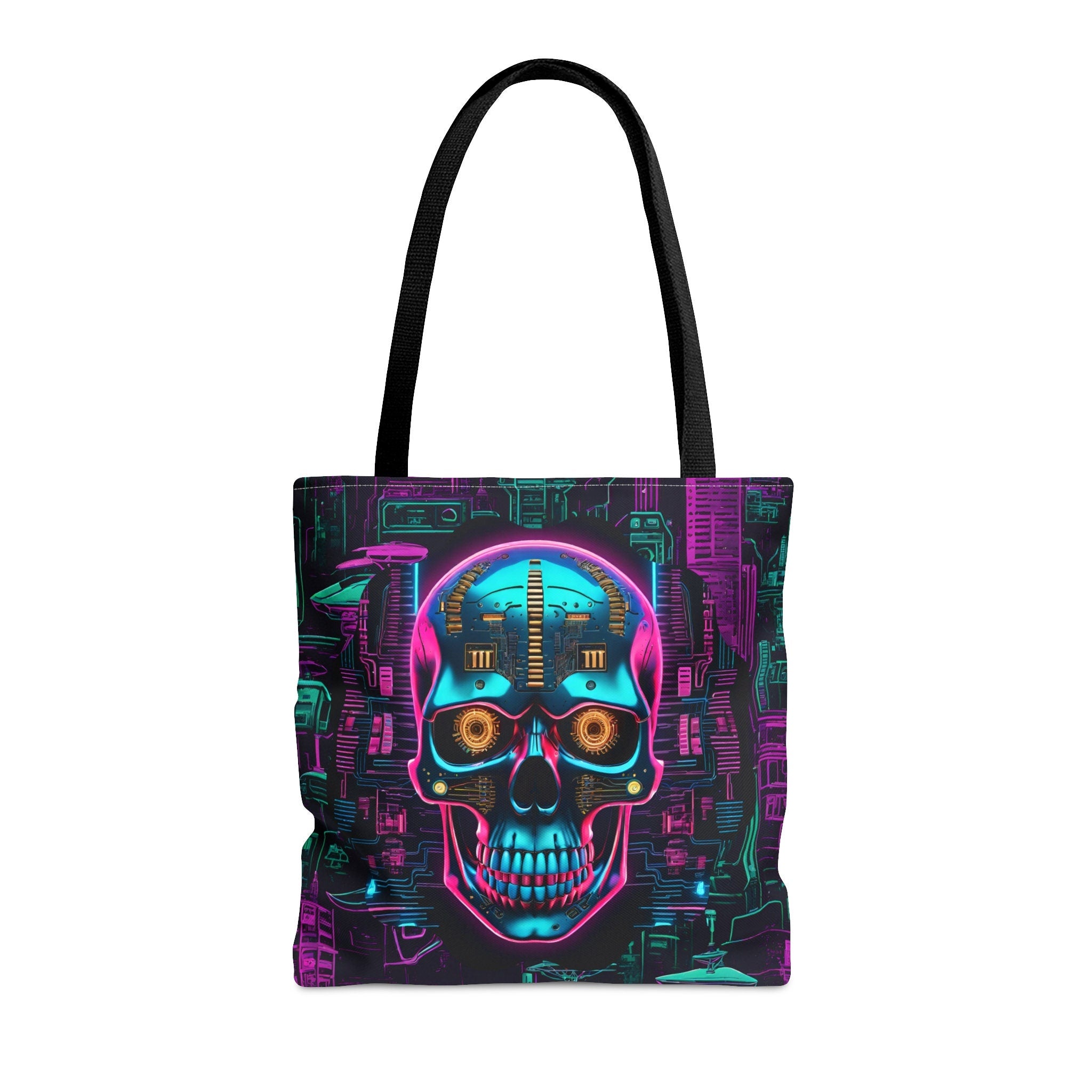 Cyberpunk Drones Tote Bag AOP Design with Towers and Blue Cyborg Skull Tote Bag – Premium Graphic · Great Gift For Fans