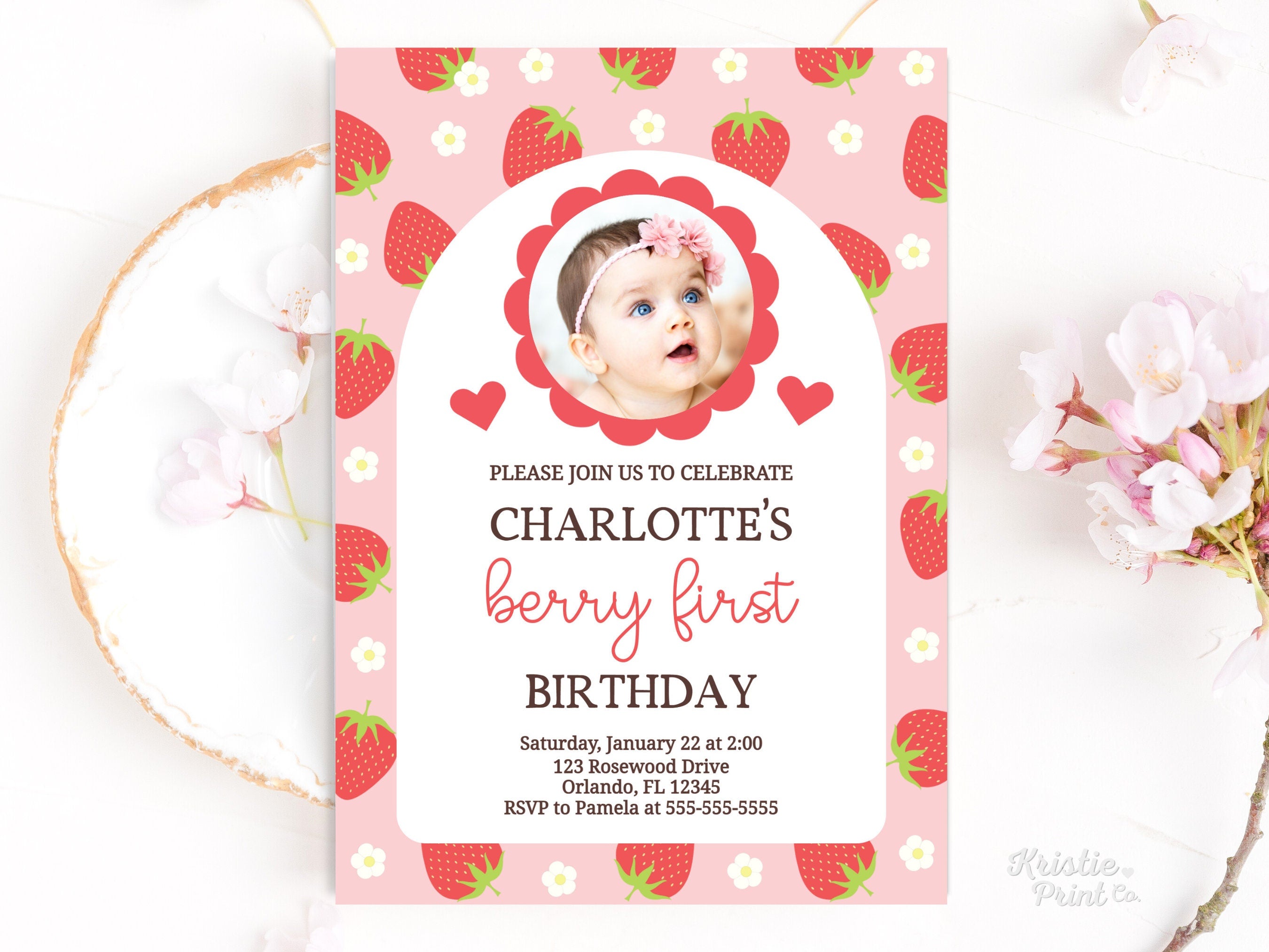 Berry First Birthday Invite with Picture My Berry First Birthday Invitation Girl Strawberry Theme Birthday First Birthday Party Decor STRAW2 Graphic Tee – Easygoing Wear · Trending Graphic Apparel