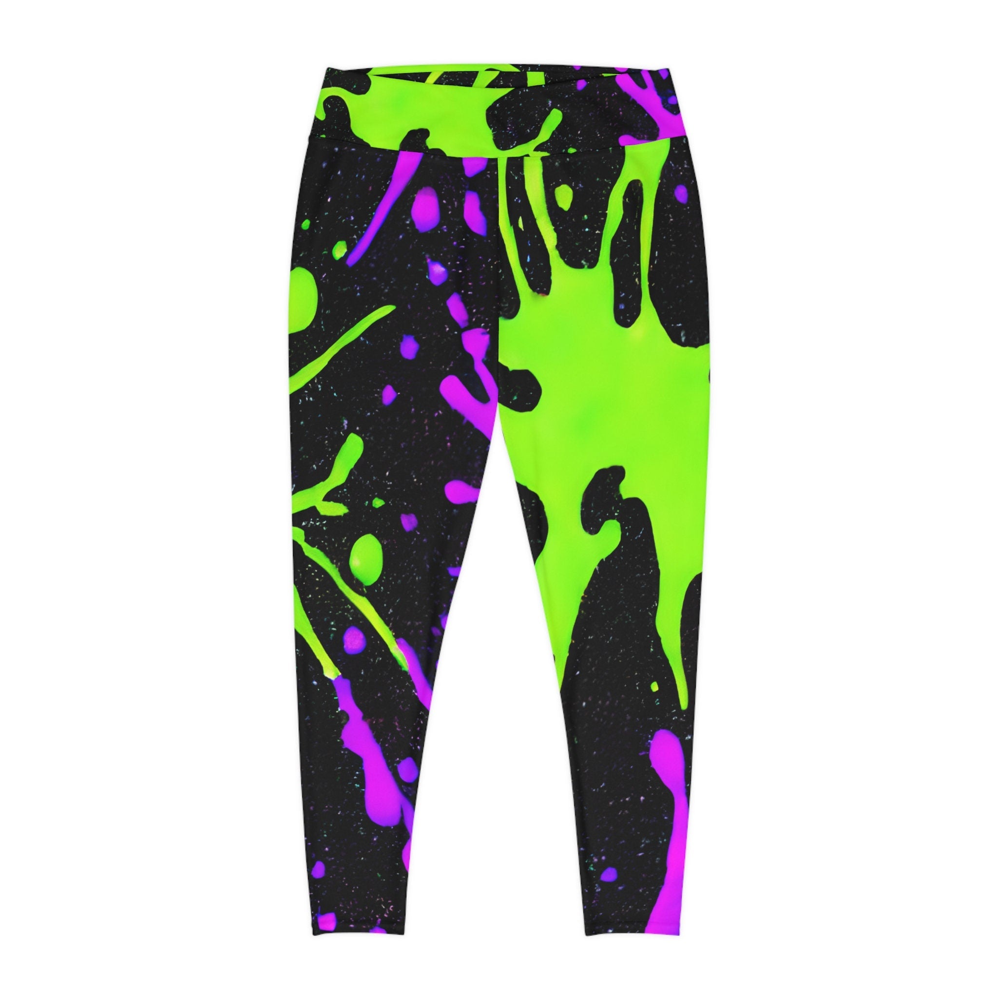 Plus Size Leggings with Green and Pink Paint Splatters AOP Stylish Comfort for Every Curve Graphic Tee – Aesthetic Look · Perfect For Daily Wear