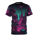 Neon Futuristic Lights Cyberpunk Landscape Dystopia Unisex Cut Sew Tee AOP Graphic Tee – Bold Style · Perfect For Daily Wear