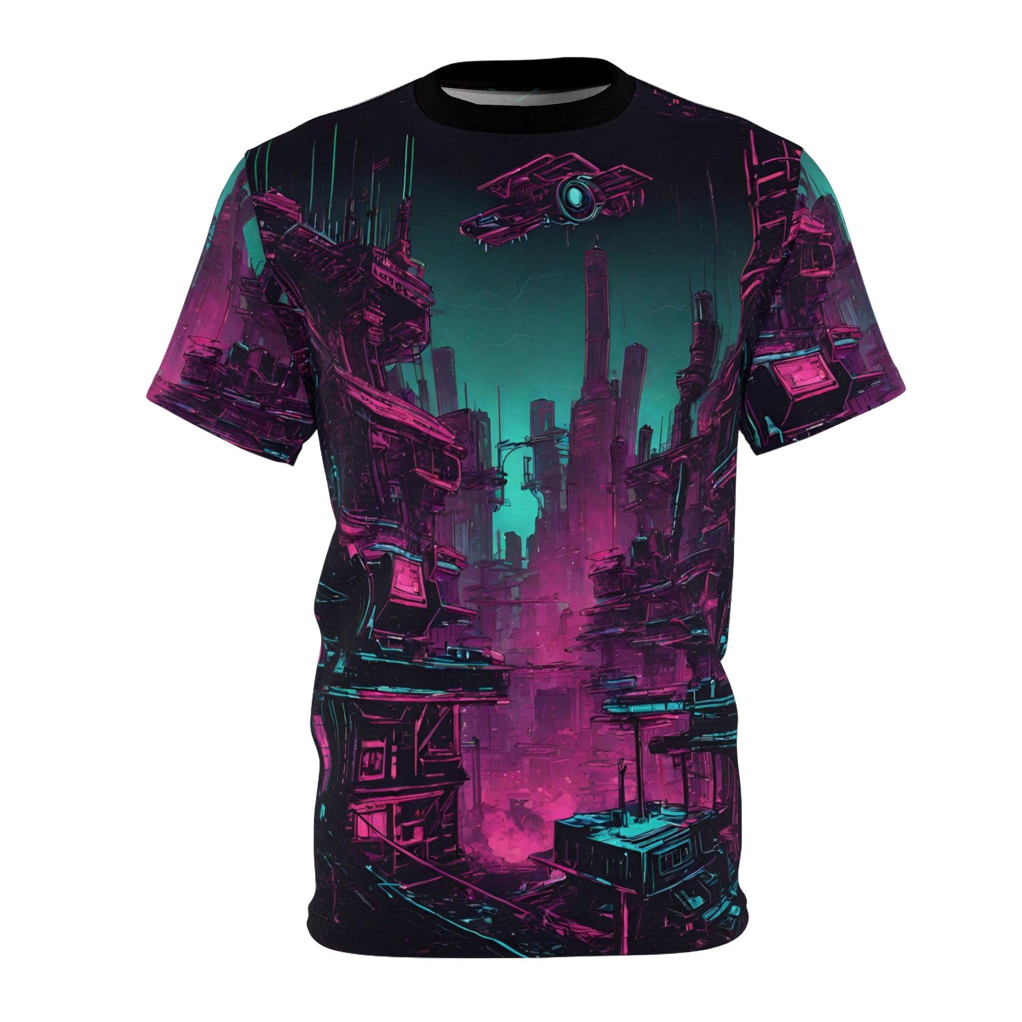 Neon Futuristic Lights Cyberpunk Landscape Dystopia Unisex Cut Sew Tee AOP Graphic Tee – Bold Style · Perfect For Daily Wear