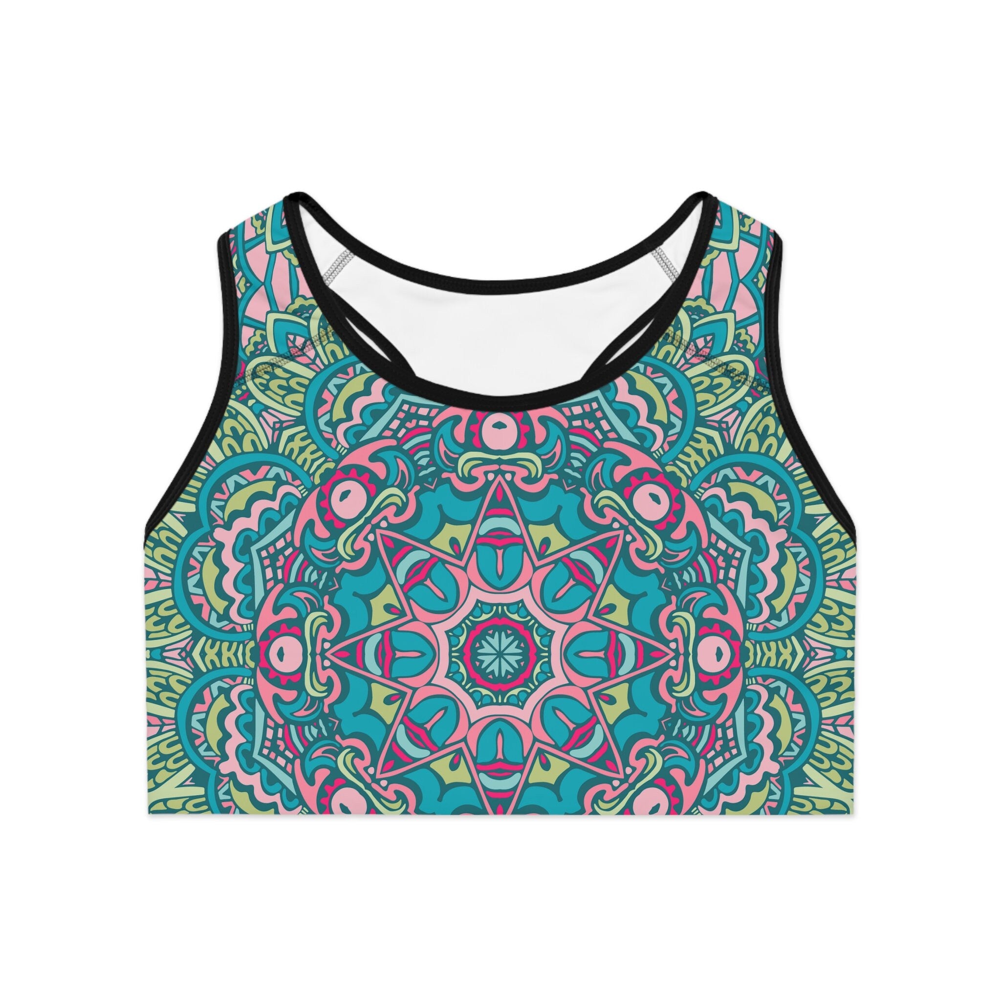 Green and Blue Boho Vibes Sports Bra AOP Design for Stylish Support Sports Bra AOP Graphic Tee – Soft Feel · Must-Have Style
