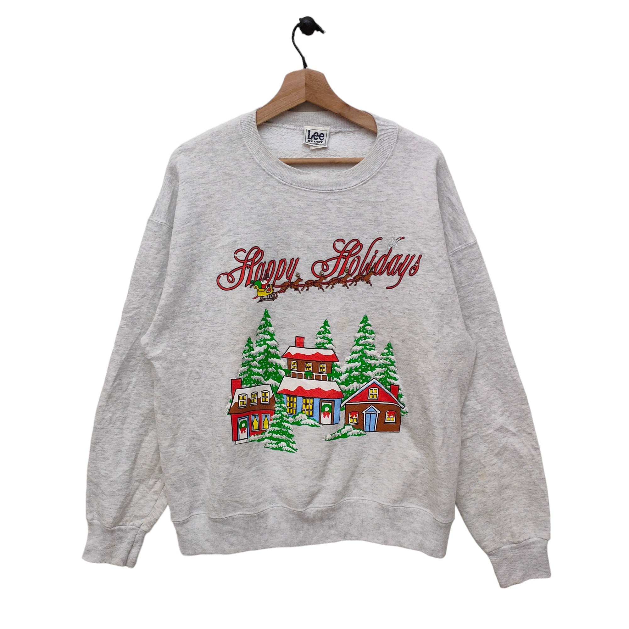 90s Christmas Sweatshirt Large Vintage Lee Sport Happy Holidays Sweater Jumper Crewneck White Size L Sweatshirt – Feel-Good Design · Perfect For Daily Wear
