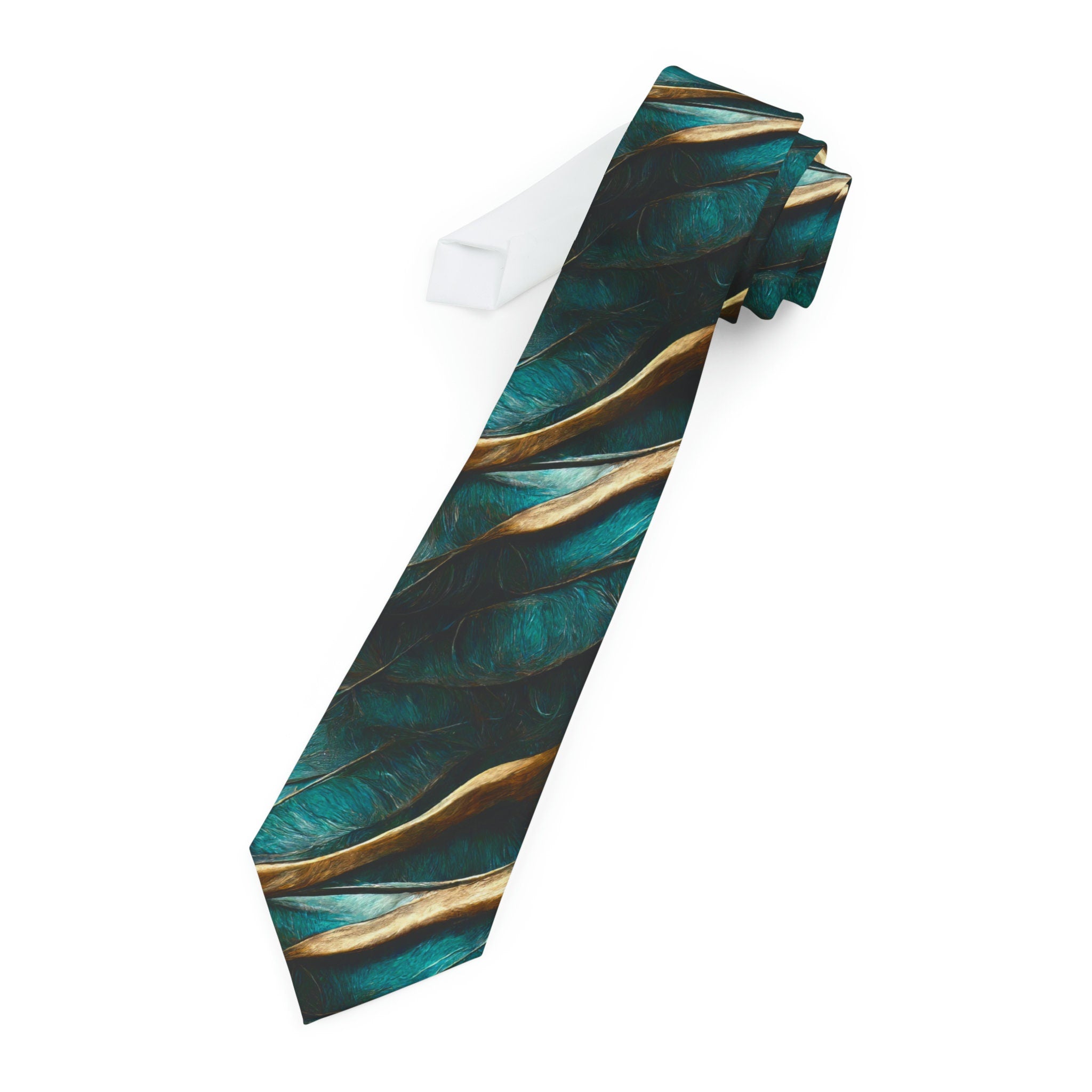 Elegant Feather Symphony A Teal and Gold Statement Necktie Graphic Tee – Feel-Good Design · Trending Graphic Apparel