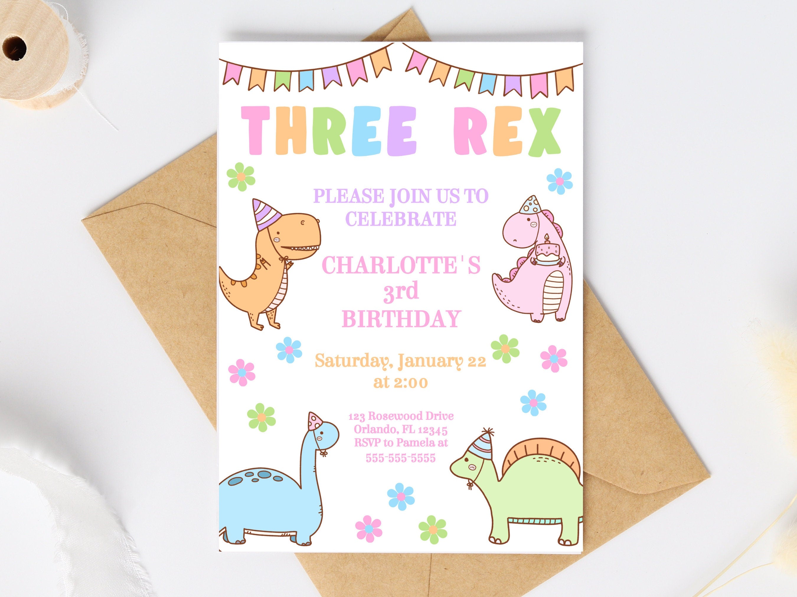 Pastel Dinosaur Birthday Invitation Three Rex Invitation Girl Dinosaur Party 3 Rex Birthday 3rd Birthday Dinosaur Birthday Girl Dino DIN1 Graphic Tee – Easygoing Wear · Perfect For Daily Wear