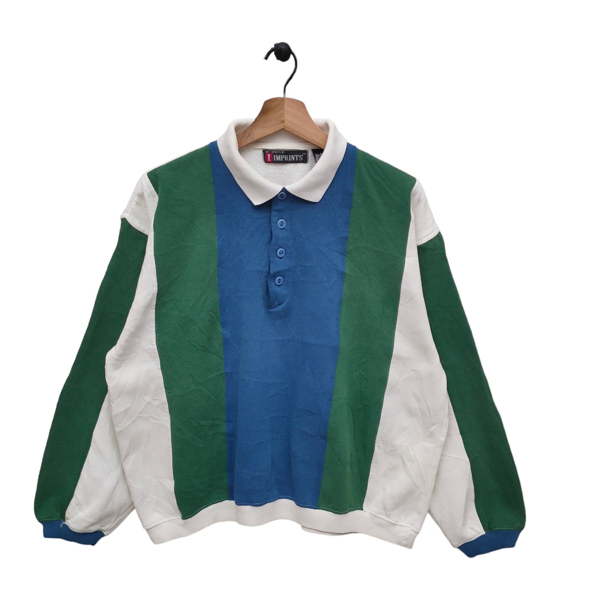 Vtg Imprints Polo Style Sweatshirt Large Vintage Stripped Jumper Green Blue White Size L Sweatshirt – Bold Style · Must-Have Style