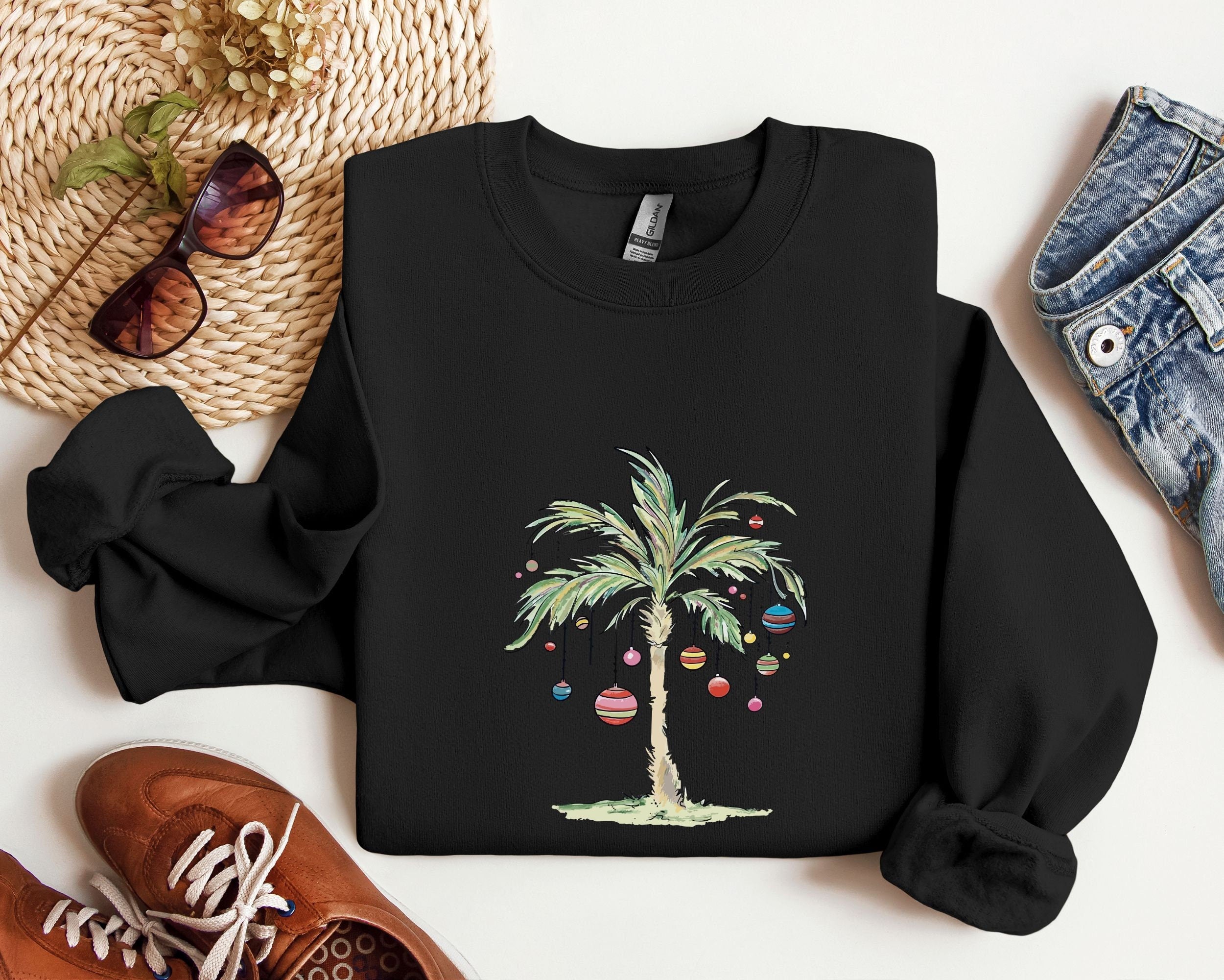 Christmas Palm Tree Sweatshirt Tropical Gift Florida Christmas Shirt Beach Aloha Christmas Tee Santa July Hawaiian Shirts Santa Tree Sweatshirt – Cozy Vibes · Great Gift For Fans