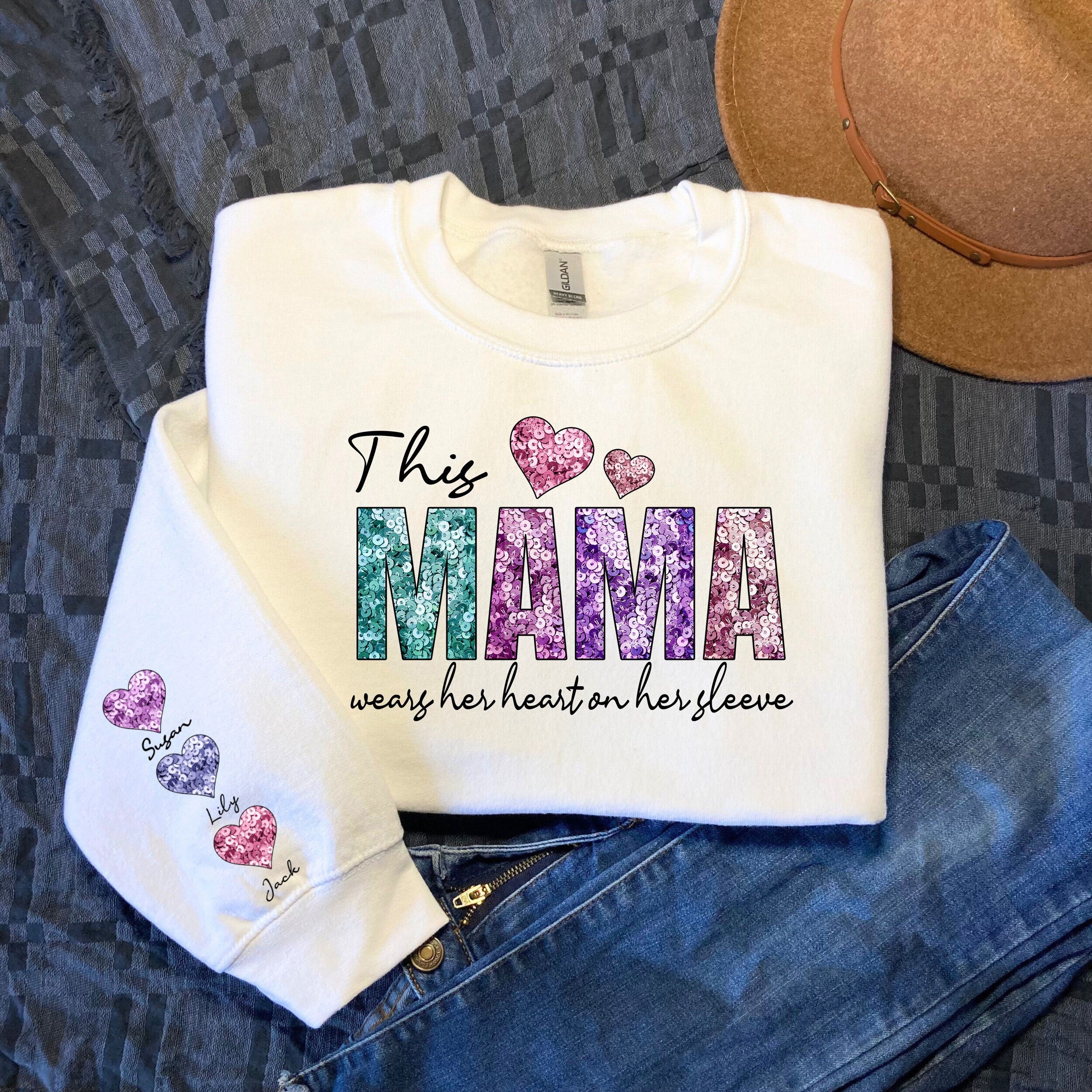 Custom This Mama Wears Her Heart on Her Sleeve Sweatshirt Kids Valentine Shirt Personalized Valentine Sweater Mama Valentine39s Day Shirt Sweatshirt – Soft Feel · Trending Graphic Apparel