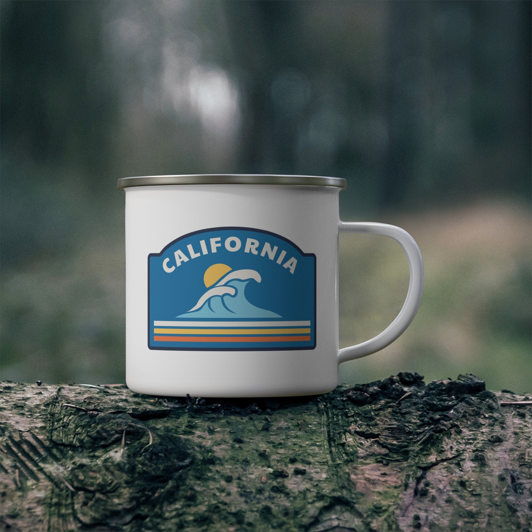 California Camp Mug Retro Enamel Campfire California Mug Personalization Available Graphic Tee – Easygoing Wear · Must-Have Style