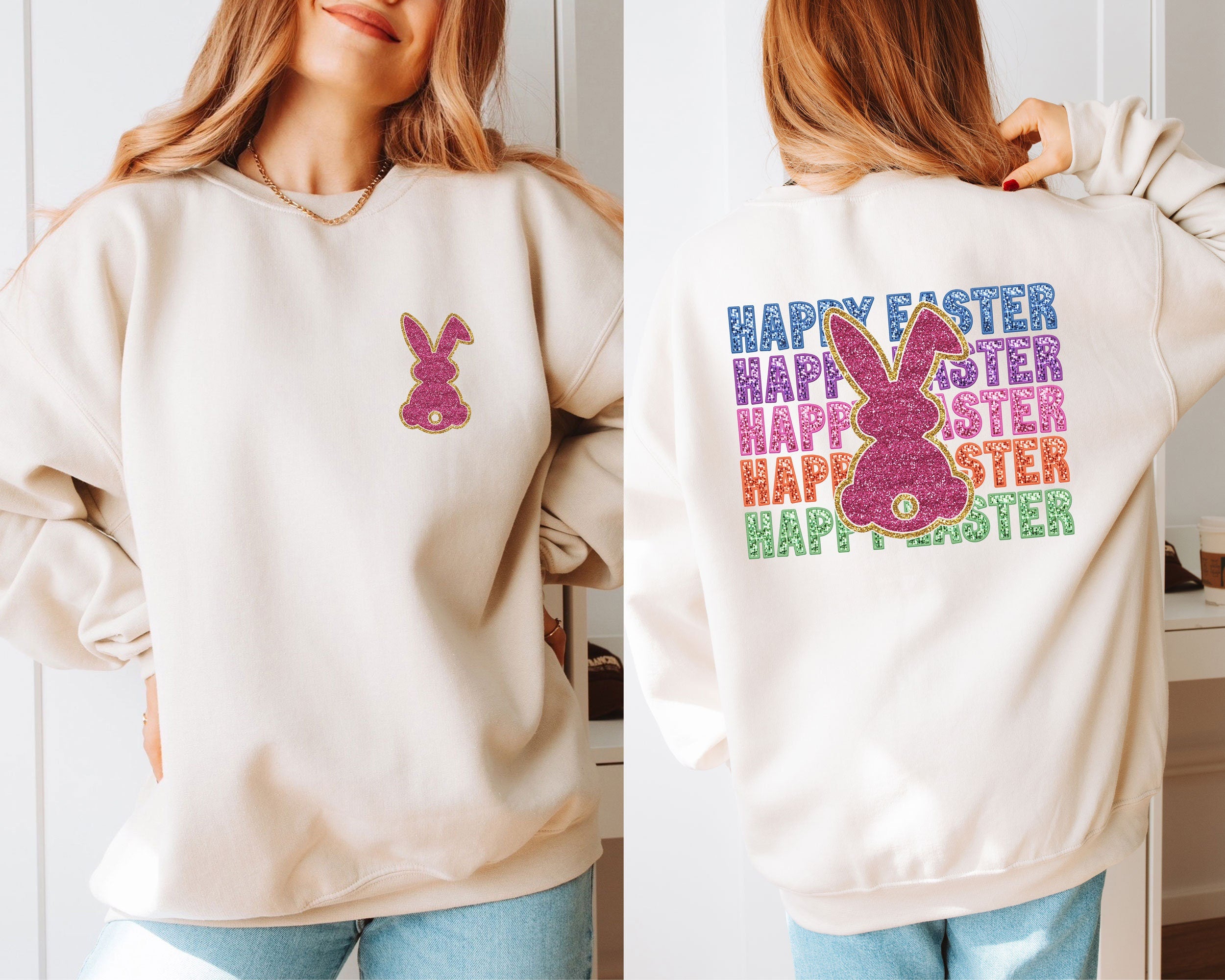 Glitter Easter Bunny Sweatshirt Easter Sweatshirt Women Easter Rabbit Crewneck Easter Gifts for Her Spring Pullover Natural Crewneck Sweatshirt – Bold Style · Great Gift For Fans