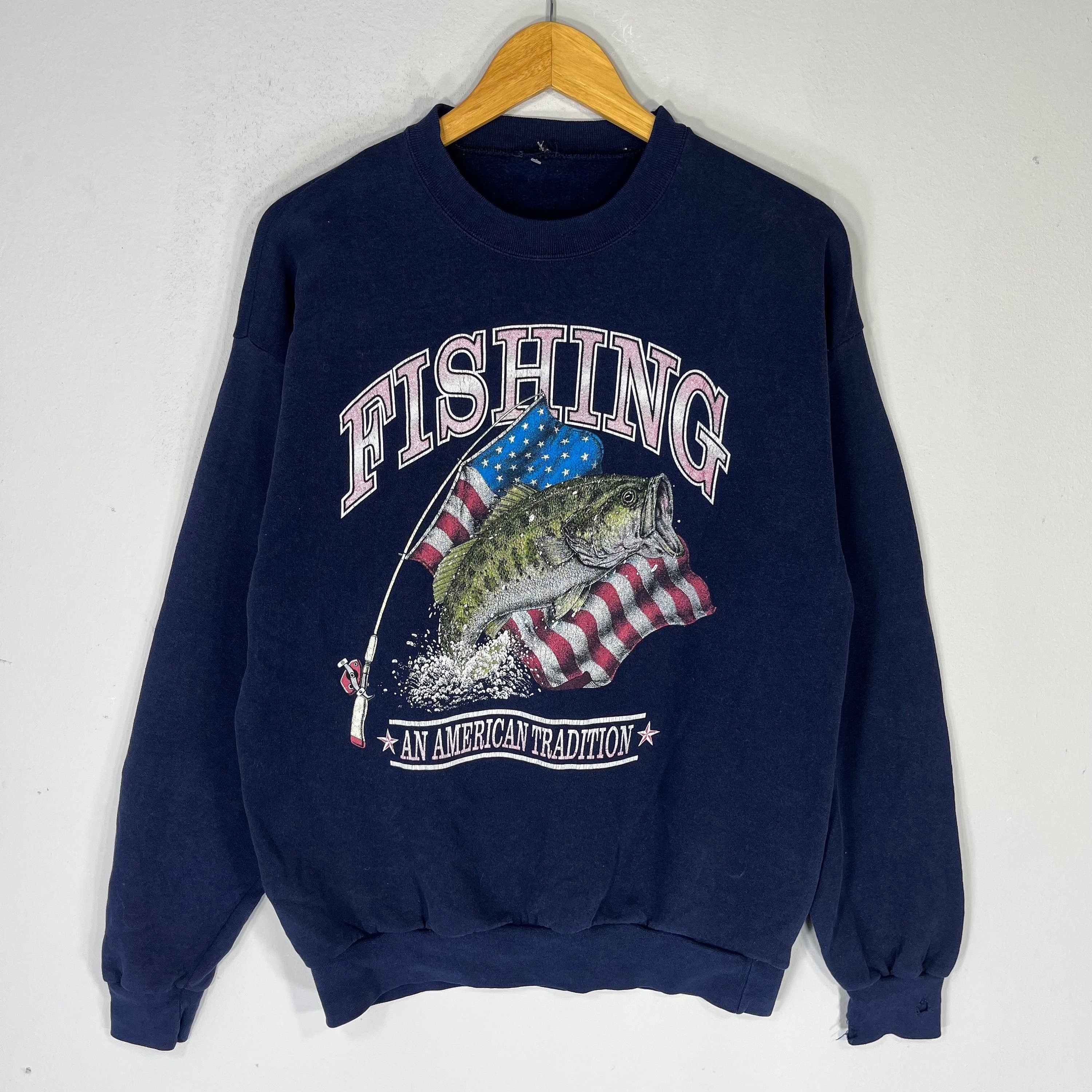 Vintage Fishing An American Tradition Spellout Printed Big Logo Sweatshirt Crewneck Pullover Sweater Fisherman Colour NavyBlue Size NA Sweatshirt – Premium Graphic · Trending Graphic Apparel