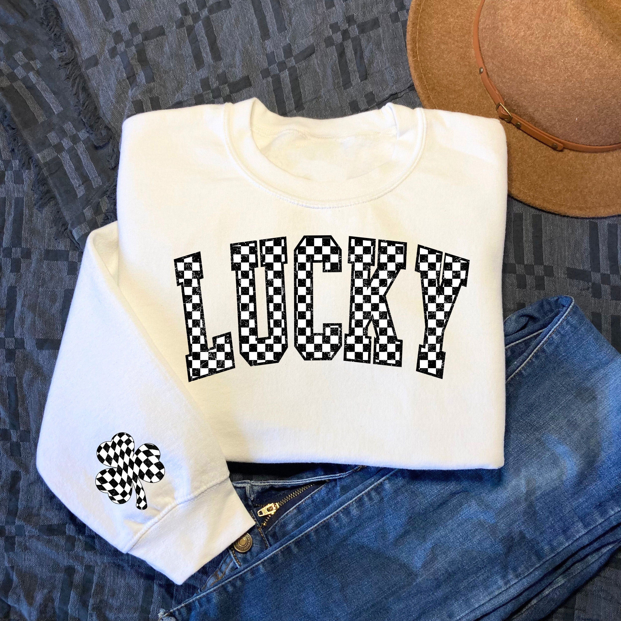 Checkered Retro Lucky Sweatshirt Checkered Shamrock Retro Lucky Crewneck Trendy Checkered Sweatshirt Cute St Patrick39s Day Outfit Sweatshirt – Everyday Comfort · Great Gift For Fans