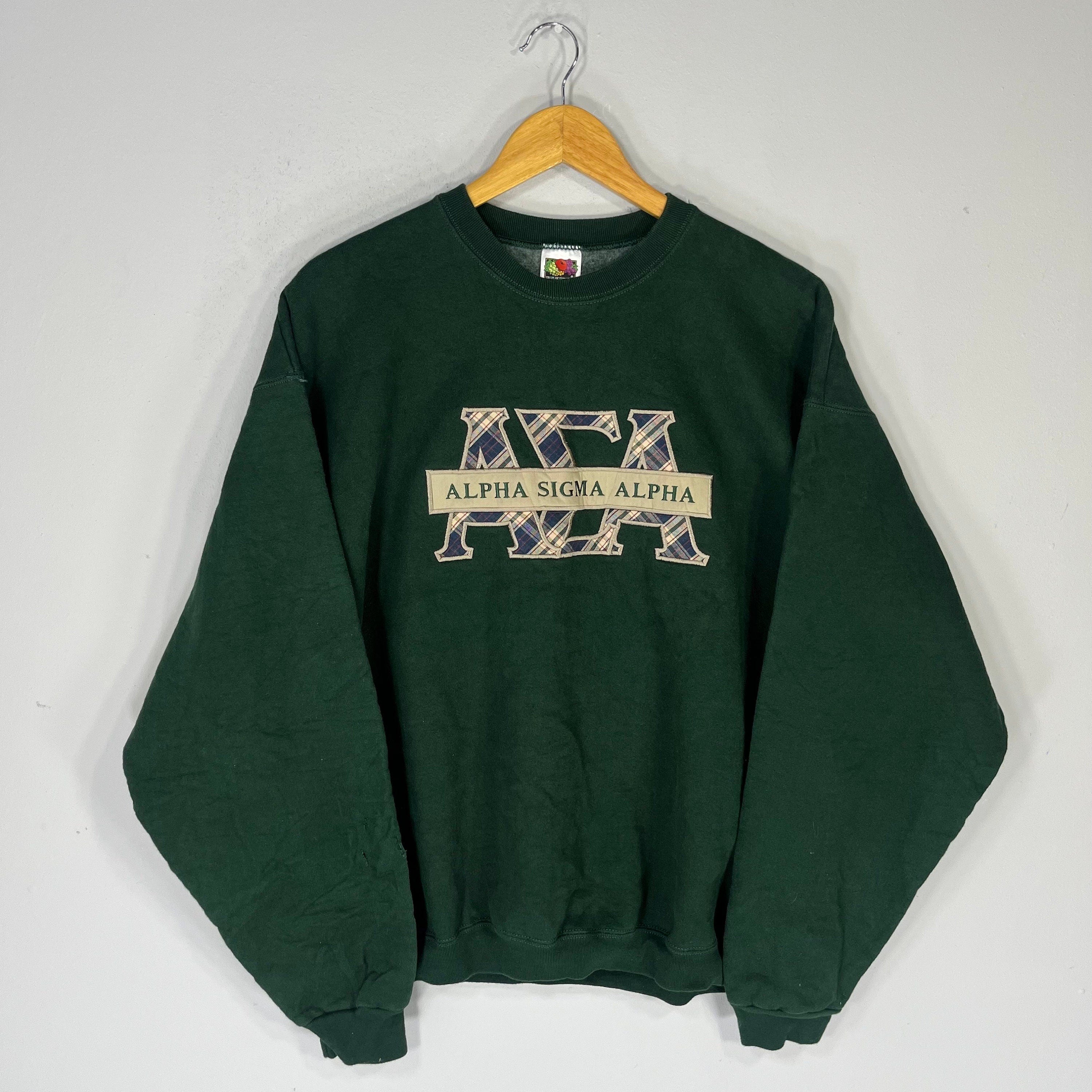 Vintage Fruit Of The Loom Tag Alpha Sigma Alpha Spellout BigLogo Embroidered Sweatshirt Alpha Crewneck Sweater Colour Green Size X Large Sweatshirt – Soft Feel · Trending Graphic Apparel
