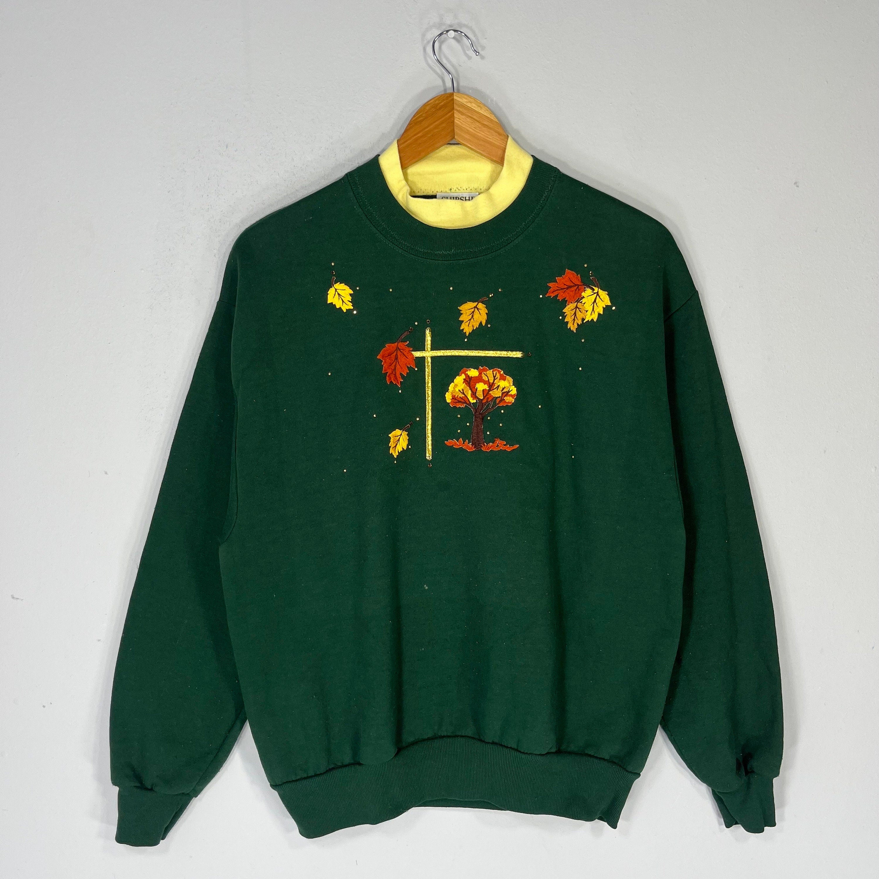 Vintage Shipshe Tag Falling Leaves Autumn Big Logo Embroidered Sweatshirt Crewneck Pullover Sweater Autumn Colour Green Size Medium Sweatshirt – Premium Graphic · Must-Have Style