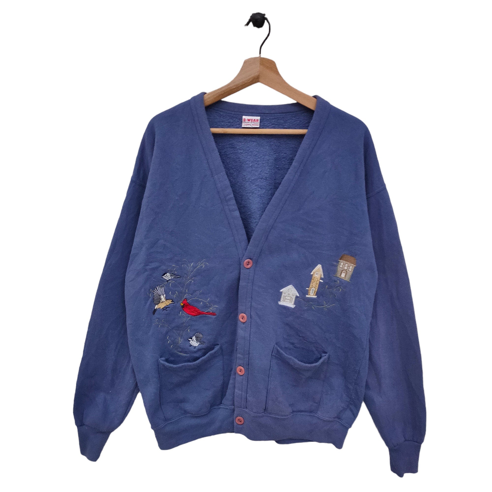 80s B wear Sportswear Cardigan Sweater Large Vintage Bird Embroidery Sweatshirt Button Animal Graphic Navy Blue Size L Sweatshirt – Warm & Stylish · High-Quality Print