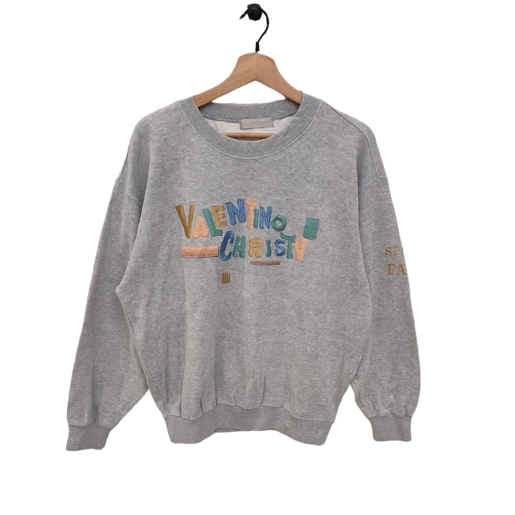 90s Valentino Christy Sweatshirt Medium Vintage Valentino Christy Sport ParisEmbroidery Multicolor Sweater Jumper Crewneck Gray Size M Sweatshirt – Cozy Vibes · High-Quality Print