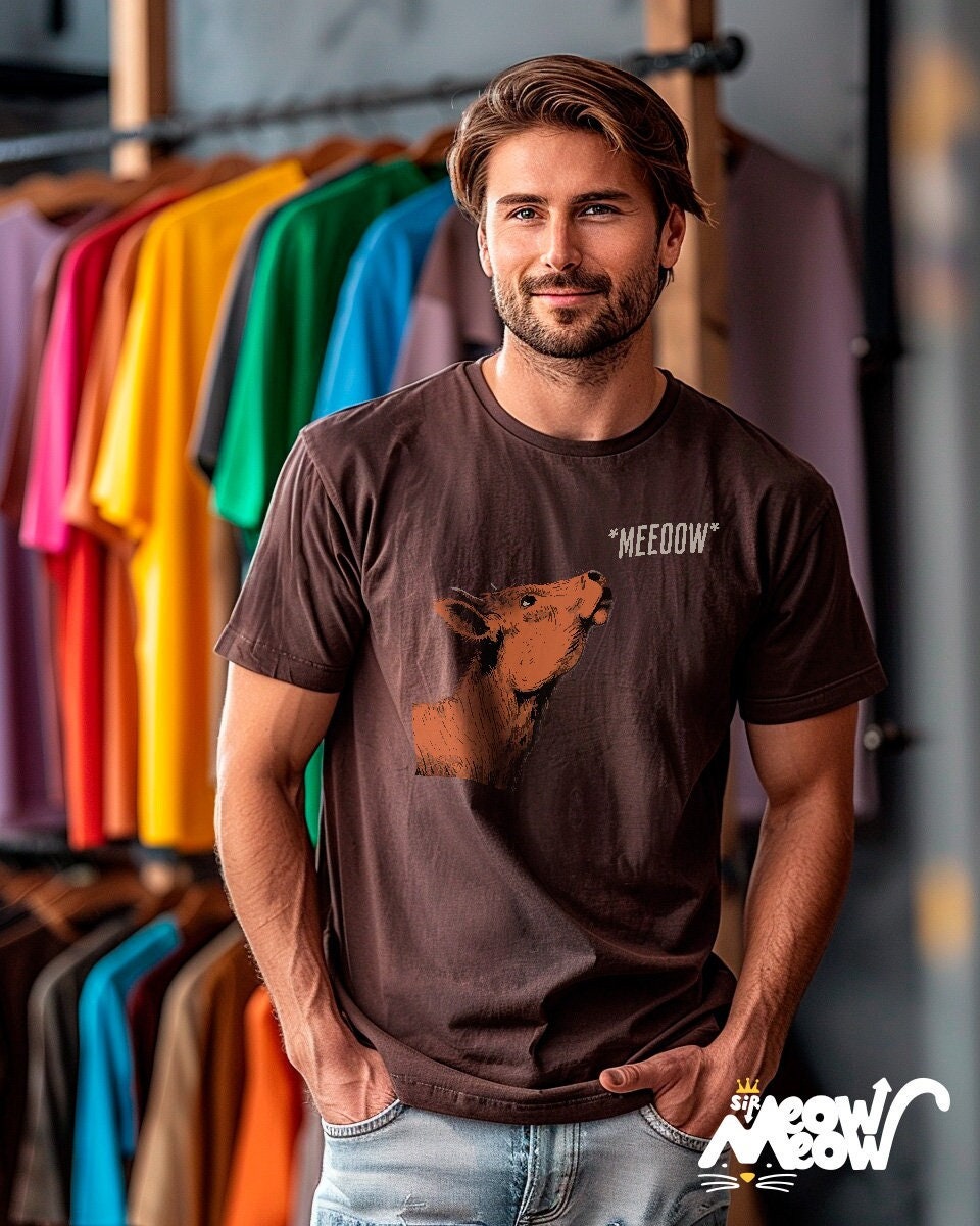 Cow 39Meeow39 Parody Unisex Heavy Cotton Tee Amusing Bovine Graphic T Shirt Farm Animal Humor Top Graphic Tee – Soft Feel · Trending Graphic Apparel