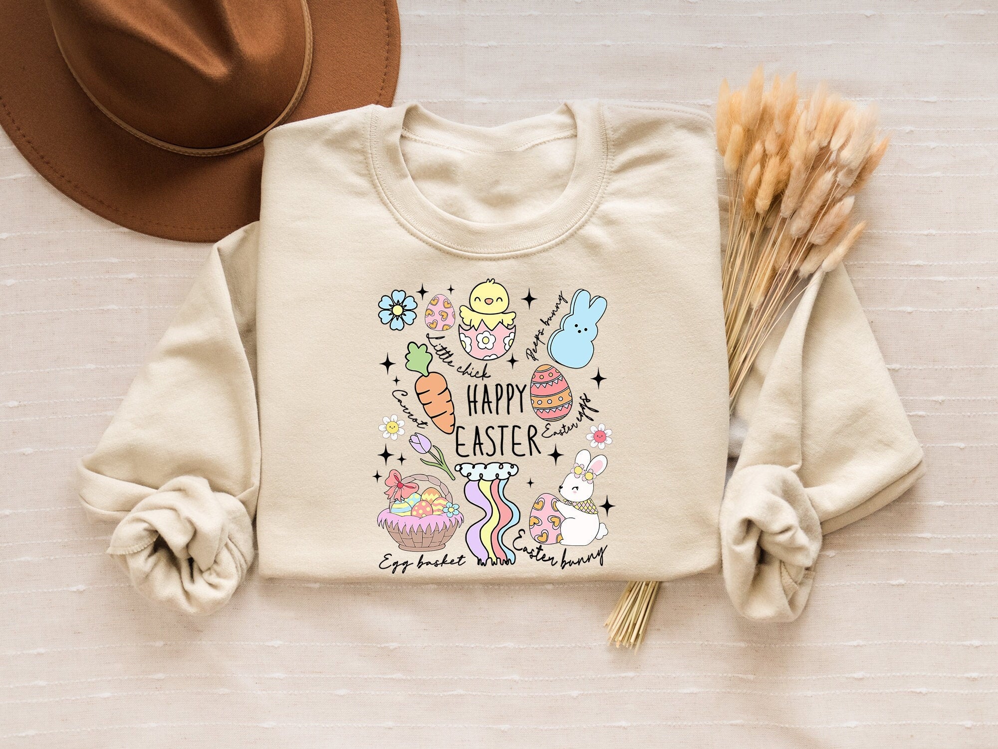 Happy Easter Bunny Shirt Funny Easter Sweatshirt Retro Easter Crewneck Cute Easter Gifts for Women Spring Pullover Natural Crewneck Sweatshirt – Soft Feel · Perfect For Daily Wear