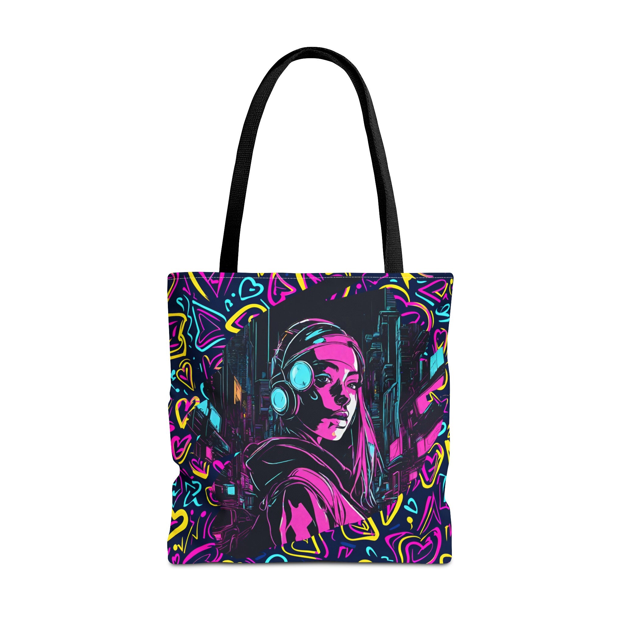 Cyberpunk Girl in Neon Graffiti Hearts AOP Tote Bag 3 sizes 5 color handle options Tote Bag – Soft Feel · Trending Graphic Apparel