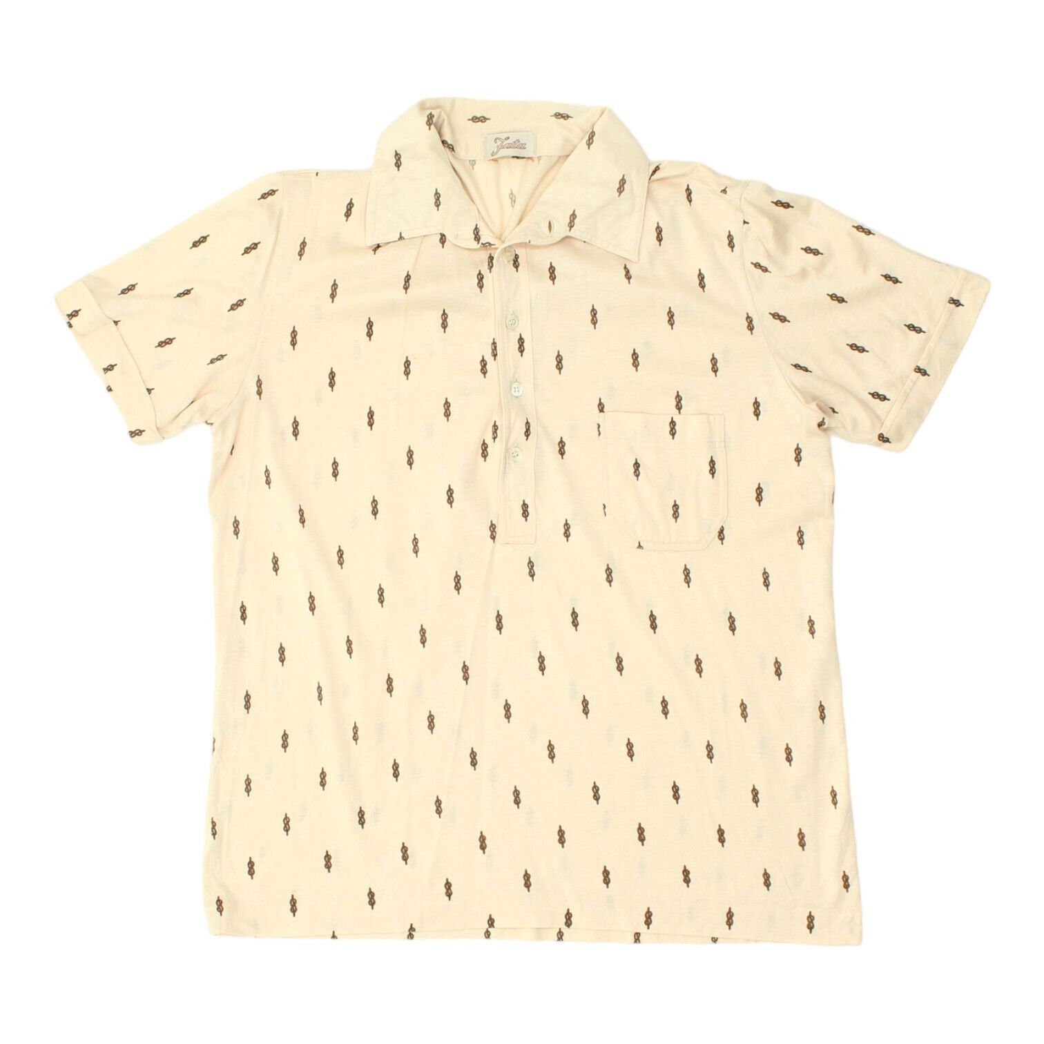Fata Mens Cream Beige Short Sleeve Patterned Polo Shirt Vintage Designer VTG Graphic Tee – Aesthetic Look · Must-Have Style