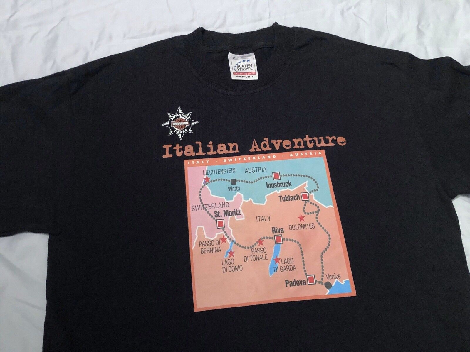 Vintage 1990s 90s Harley Davidson Motorcycle Italian Adventure Tour T Shirt M L Graphic Tee – Soft Feel · Perfect For Daily Wear