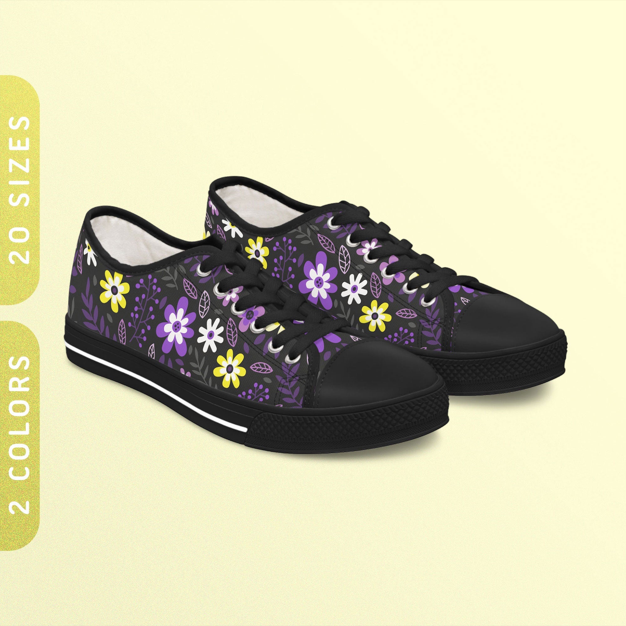 Subtle Nonbinary Pride Flowers Sneakers Low Top Sneakers Black and White Sole Enby Pride Flag Sneakers Non Binary Pride Outfit Graphic Tee – Aesthetic Look · High-Quality Print