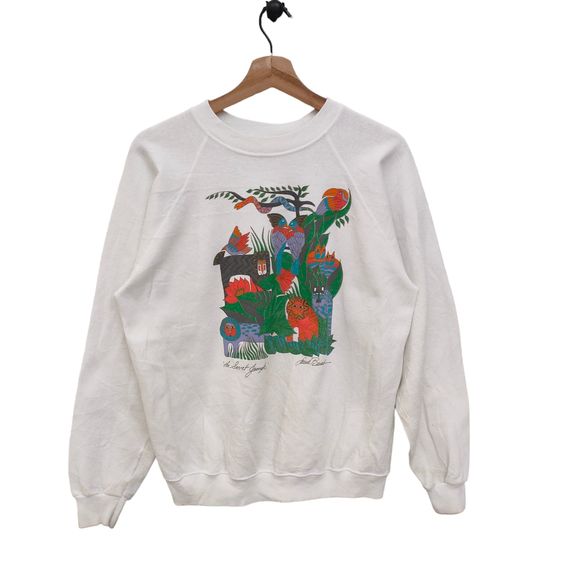 90s The Secret Jungle Raglan Sweatshirt Medium Vintage Laurel Burch Bird Snake Lion Animal Graphic Sweater Jumper Crewneck White Size M Sweatshirt – Cozy Vibes · High-Quality Print