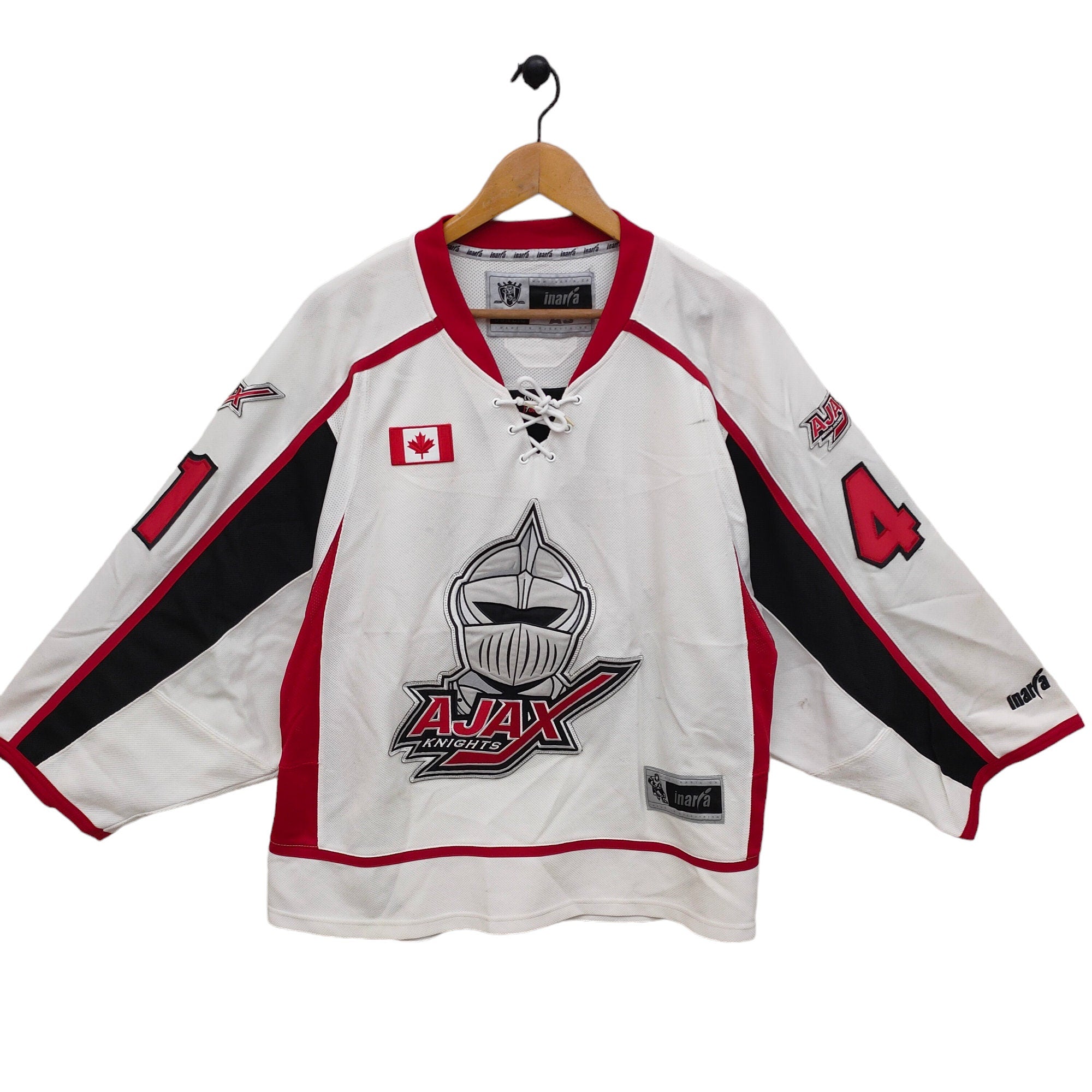 Vtg Ajax Knights Hockey Shirt Vintage Canada Goalie Jersey Embroidery White Red Jersey – Fan Favorite · Great Gift For Fans