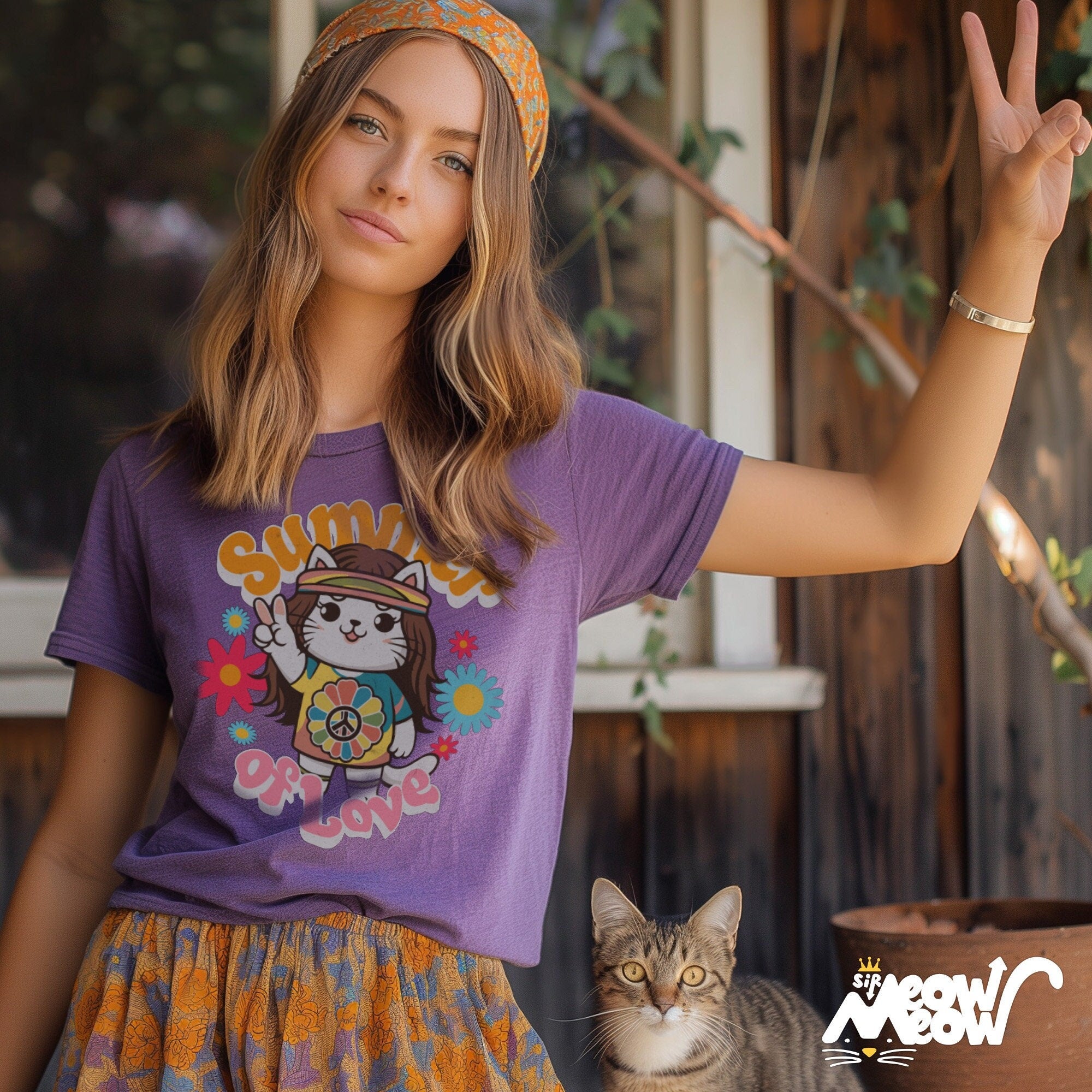 Hippie Cat T Shirt Summer of Love Kitty Tee 60s Flower Power Top Groovy Pet Lover Shirt Vibrant Casual Wear Gift for Cat Lover Graphic Tee – Soft Feel · High-Quality Print