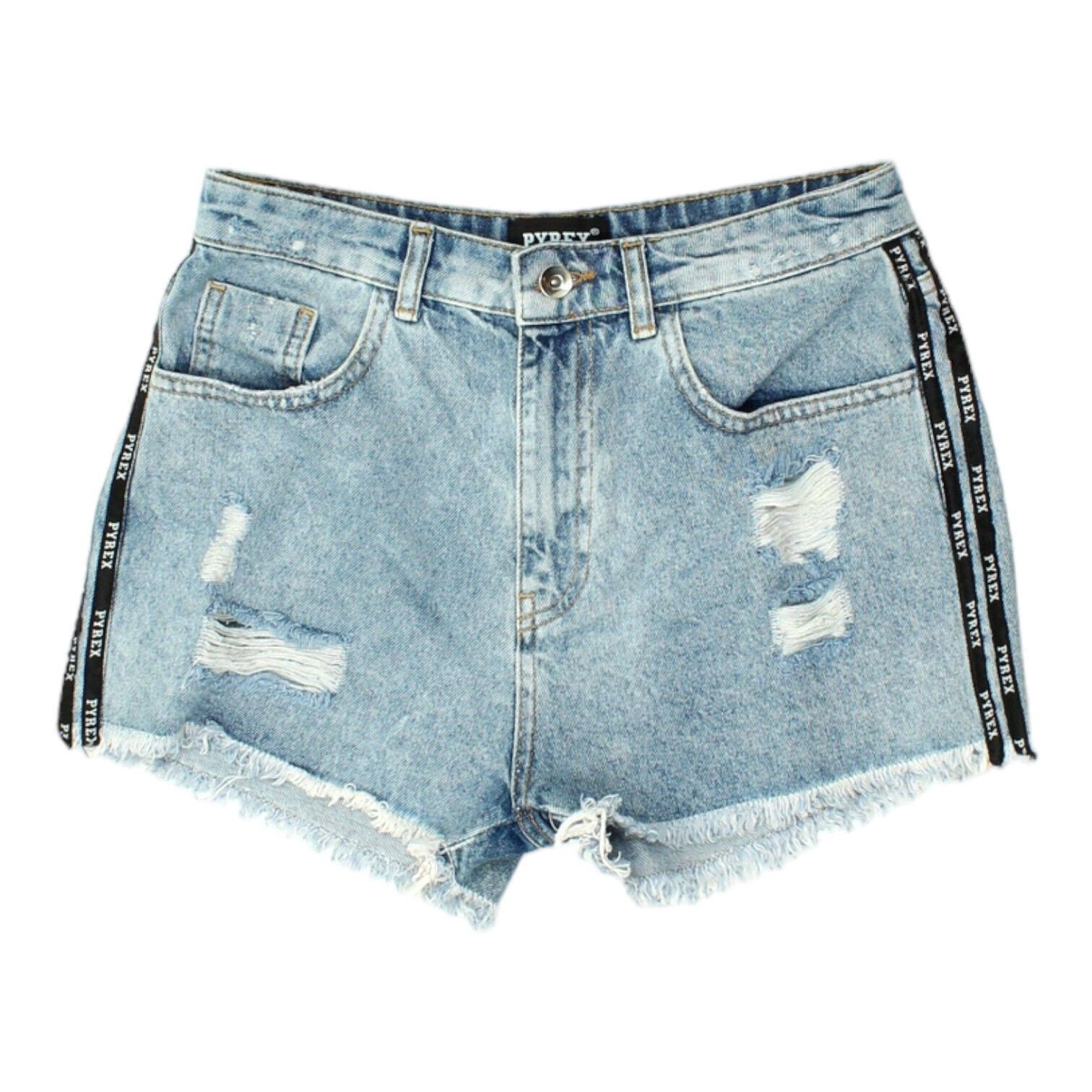 Pyrex Womens Blue Distressed Denim Hot Pants Vintage Designer Summer Shorts Graphic Tee – Bold Style · Trending Graphic Apparel