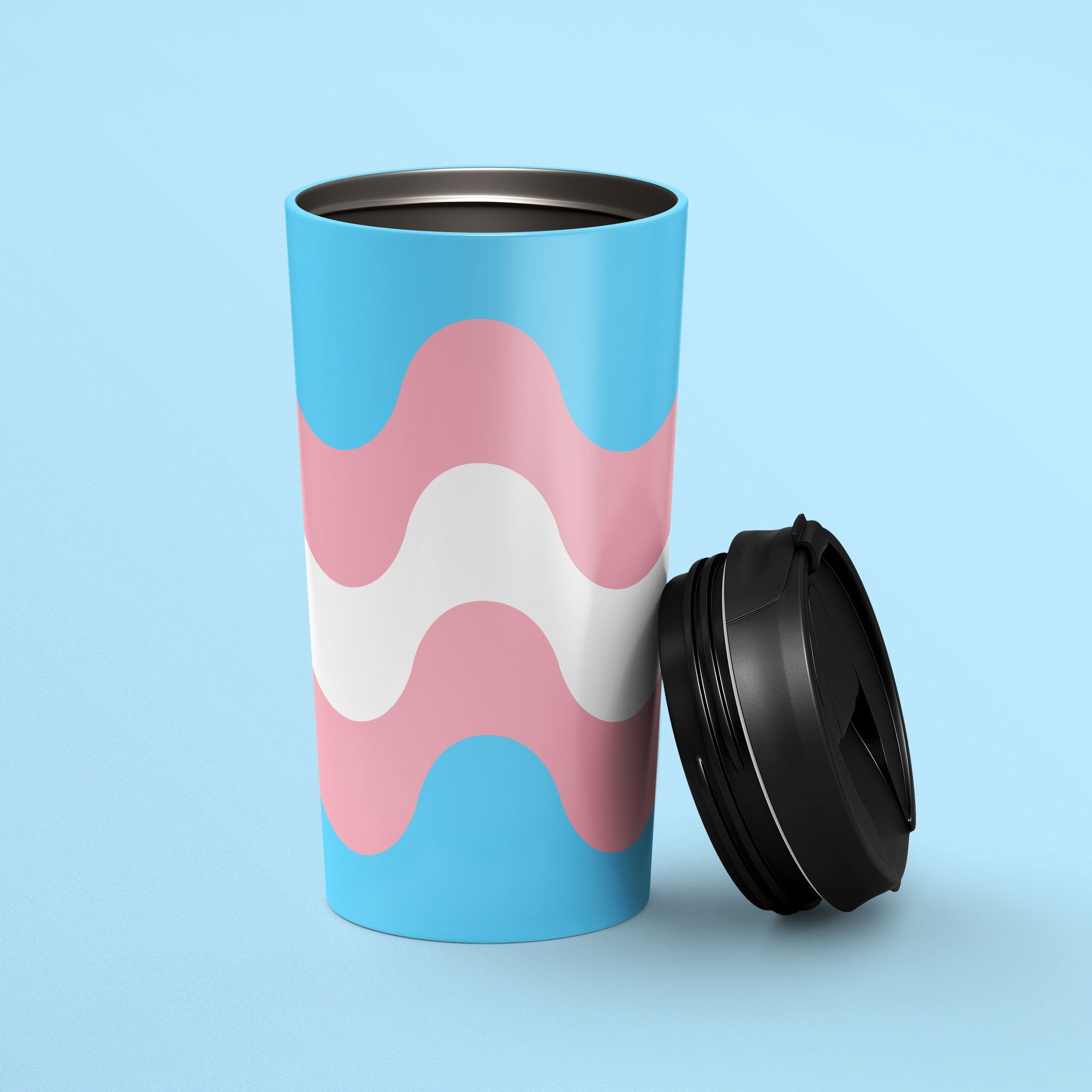 Subtle Trans Pride Waves Travel Mug Stainless Steel Transgender Tumbler Transgender Pride Flag To Go Cup Insulated LGBTQ Thermos Graphic Tee – Feel-Good Design · High-Quality Print