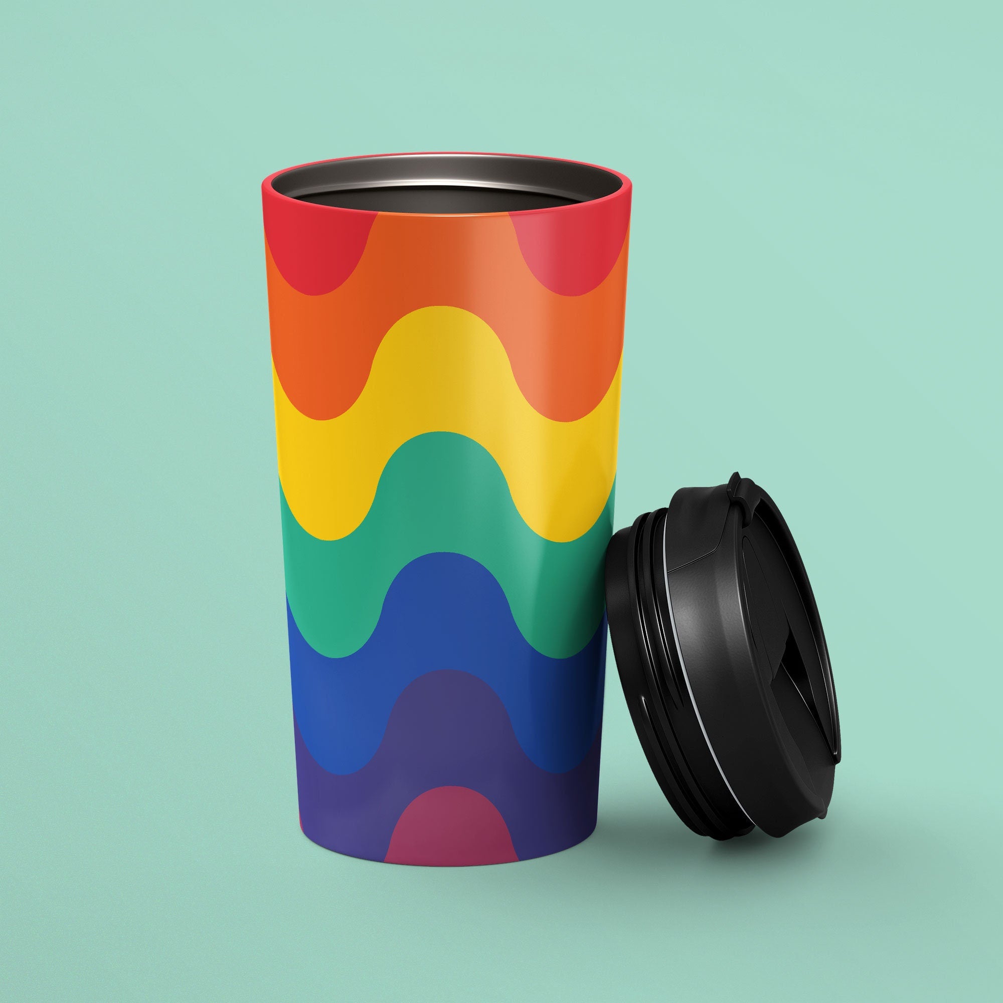 Subtle LGBTQ Pride Waves Travel Mug Stainless Steel Transgender Tumbler Rainbow Pride Flag To Go Cup Insulated LGBTQ Thermos Graphic Tee – Fan Favorite · Great Gift For Fans