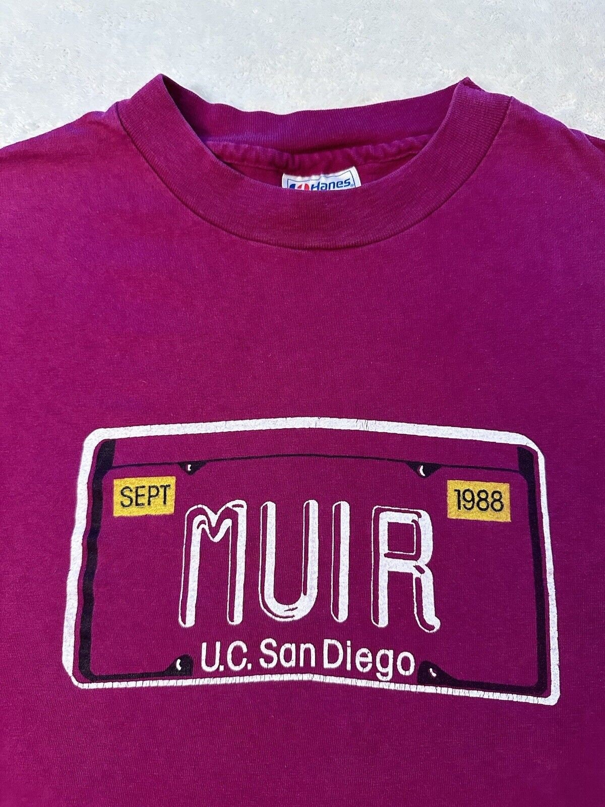 Vintage 1980s John Muir College University San Diego License Plate T Shirt XL Graphic Tee – Aesthetic Look · Must-Have Style