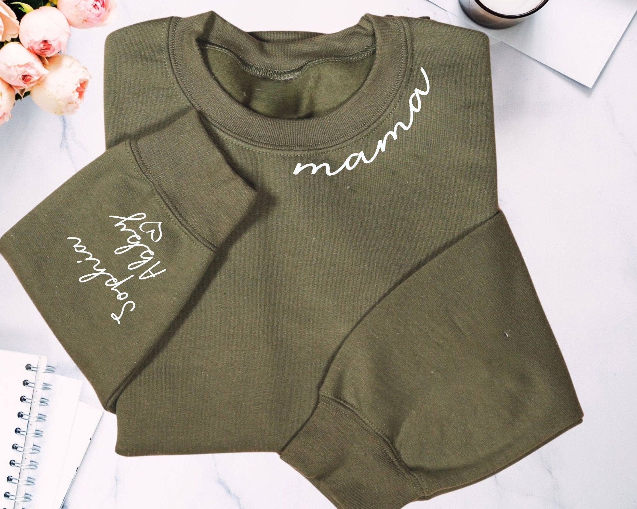 Custom Mama Sweatshirt With Kids Name On Sleeve For Momma Sweater For Mothers Day Personalized Mom Hoodie Mommy Birthday Gift New Mom Gift Hoodie – Bold Style · Trending Graphic Apparel