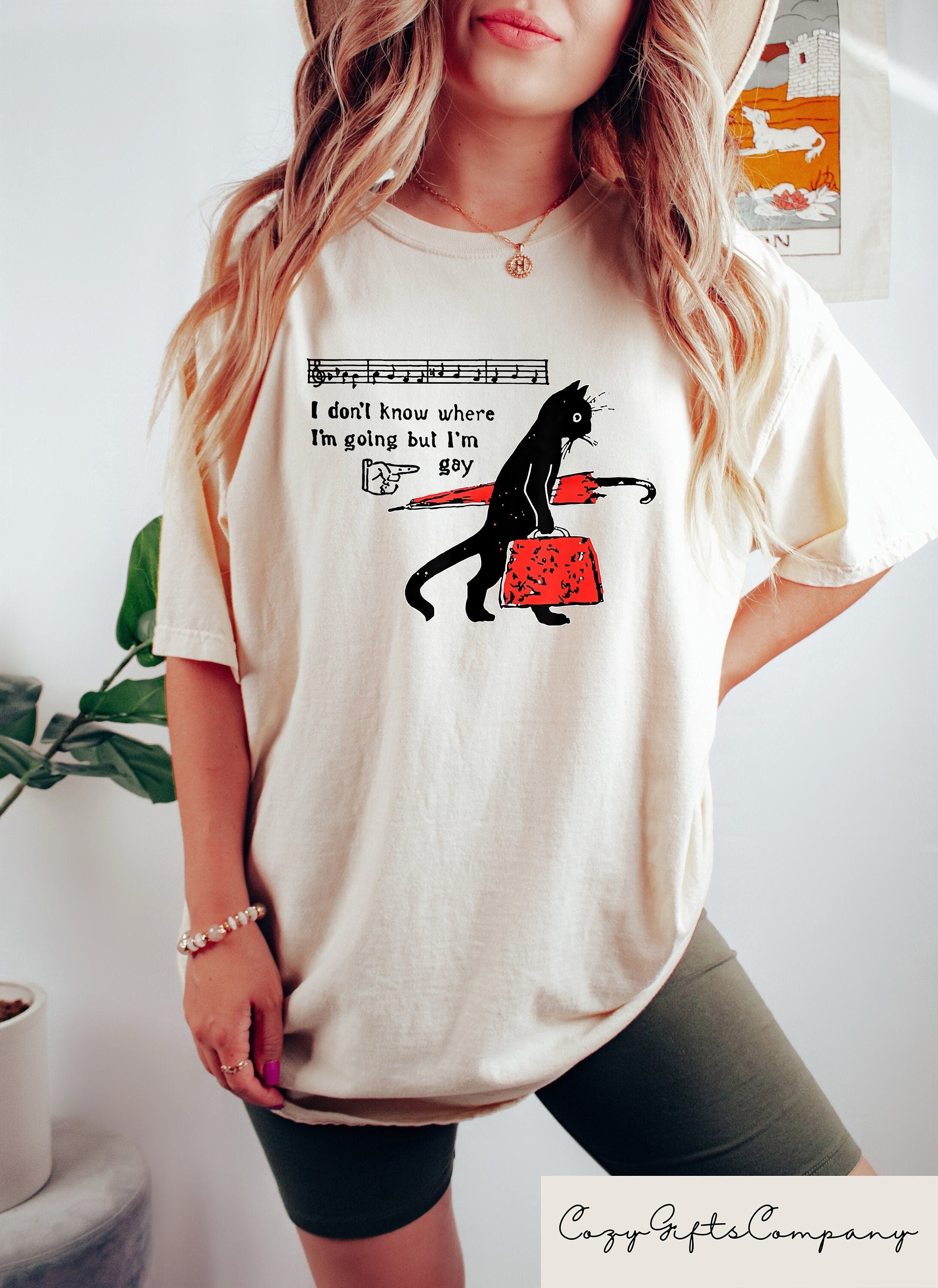 I Dont Know Where Im Going But Im Gay Shirt Cat Pride Tee Funky Gay Pride Shirt Retro Queer Graphic Tee Sarcastic LGBTQ Shirt Graphic Tee – Aesthetic Look · Top Pick For Any Outfit