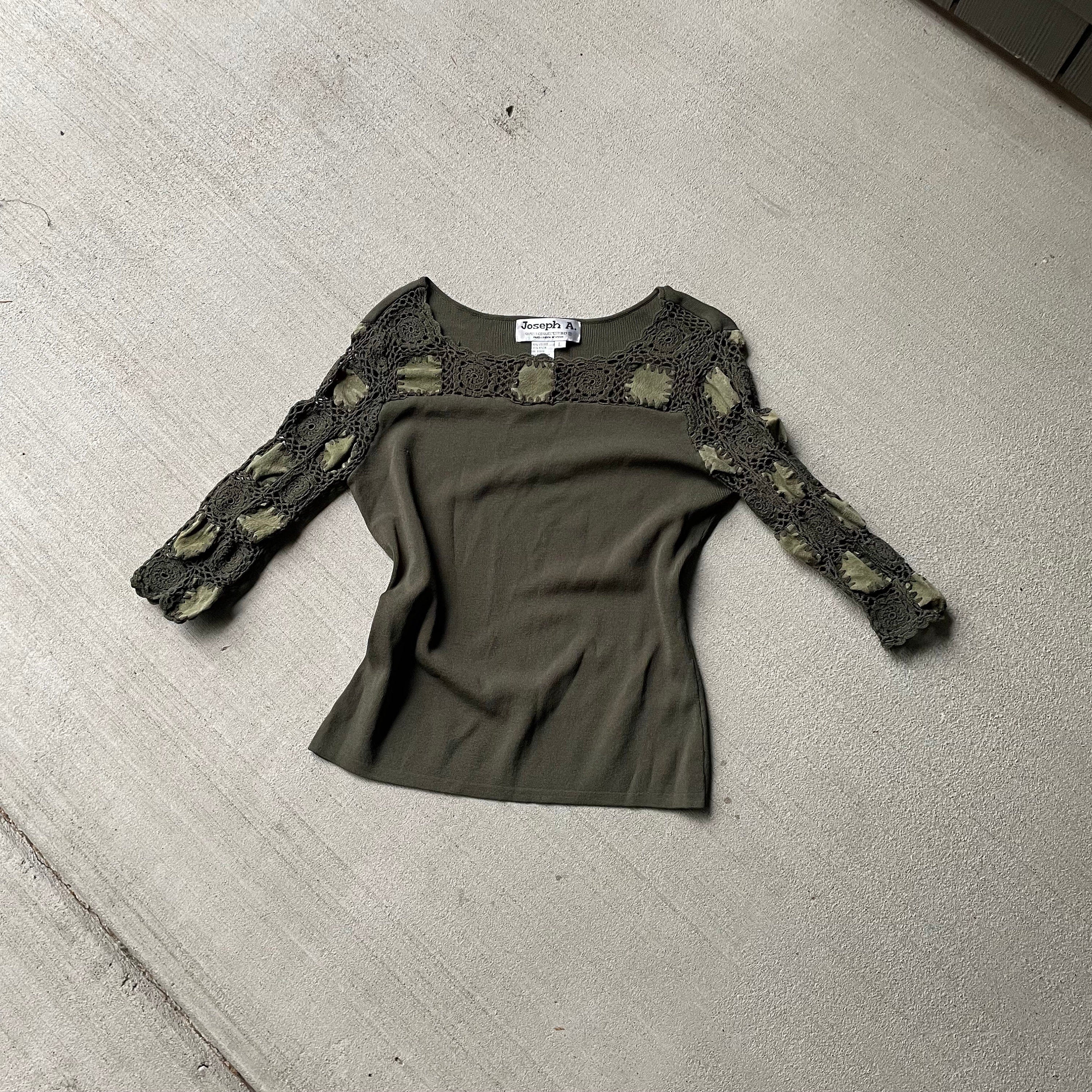 90s vintage granny square crochet suede green shirt size L Graphic Tee – Soft Feel · Trending Graphic Apparel
