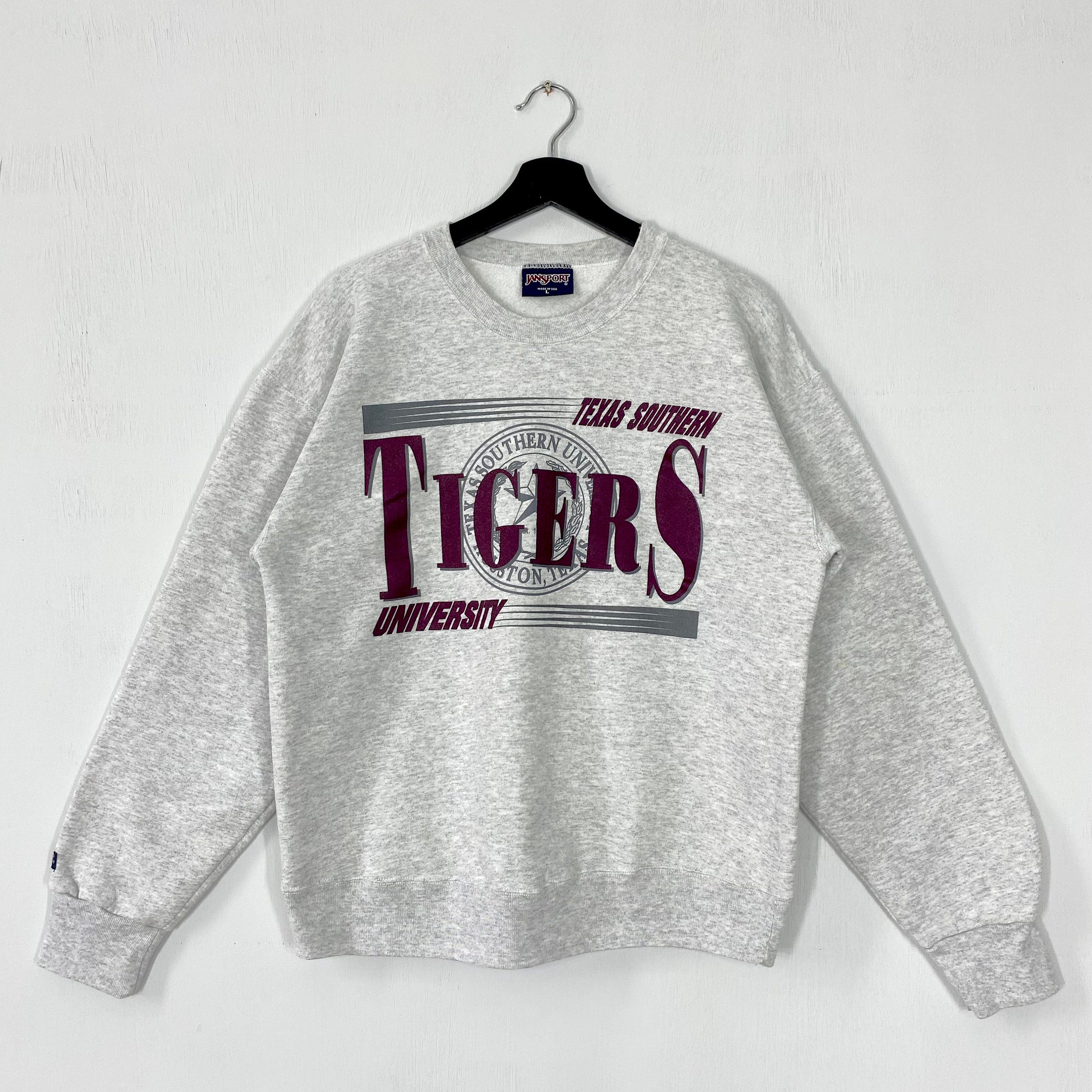Vintage 90s Texas Southern University Sweatshirt Texas Southern Crewneck Texas Southern Sweater Texas Southern Tigers Print Logo Grey Medium Sweatshirt – Premium Graphic · High-Quality Print