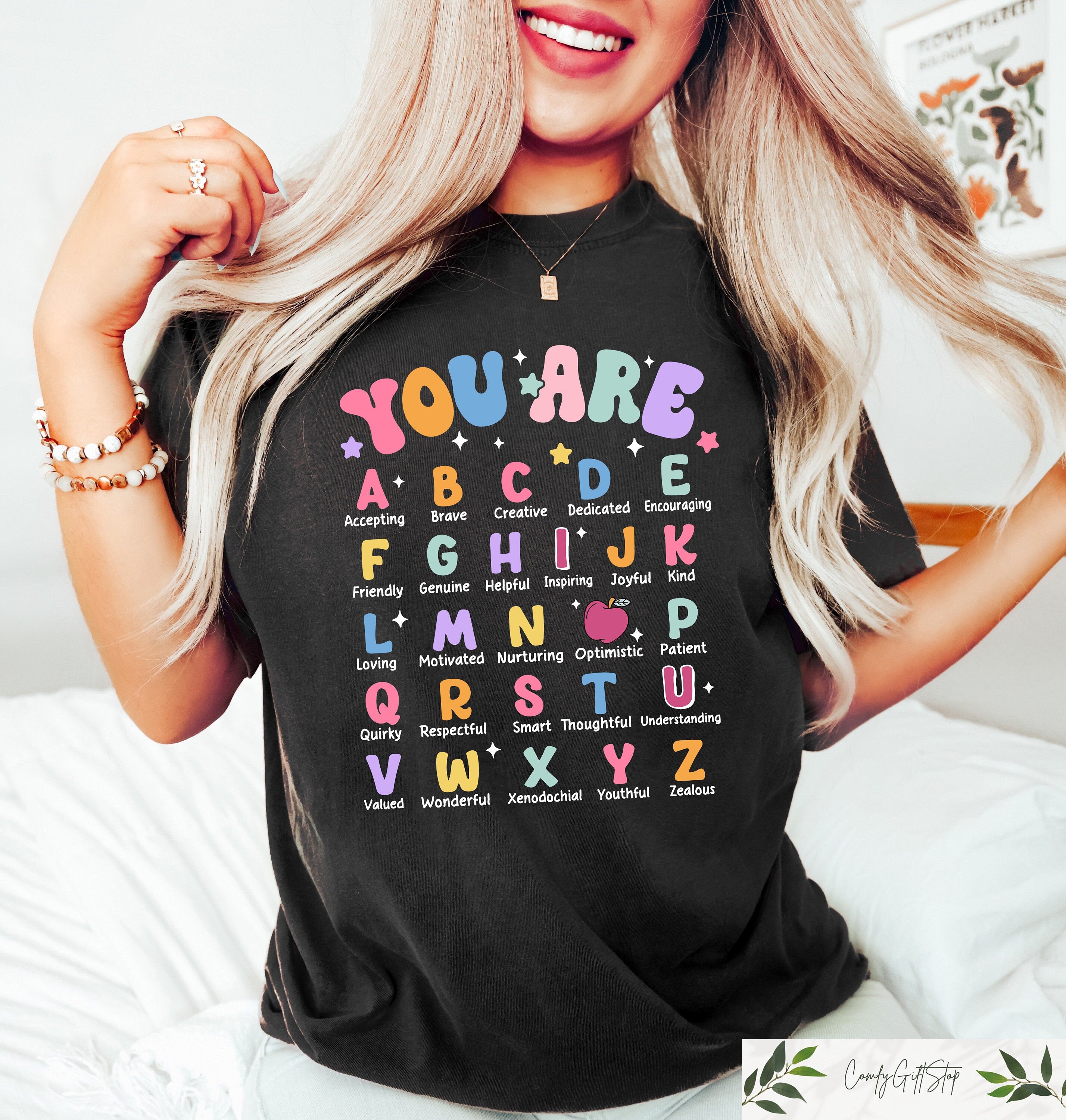 Teacher Affirmation Shirt Alphabet Positivity Teaching Back To School Teacher Appreciation Gift Funny Teacher Custom Teacher Gift Graphic Tee – Aesthetic Look · Perfect For Daily Wear