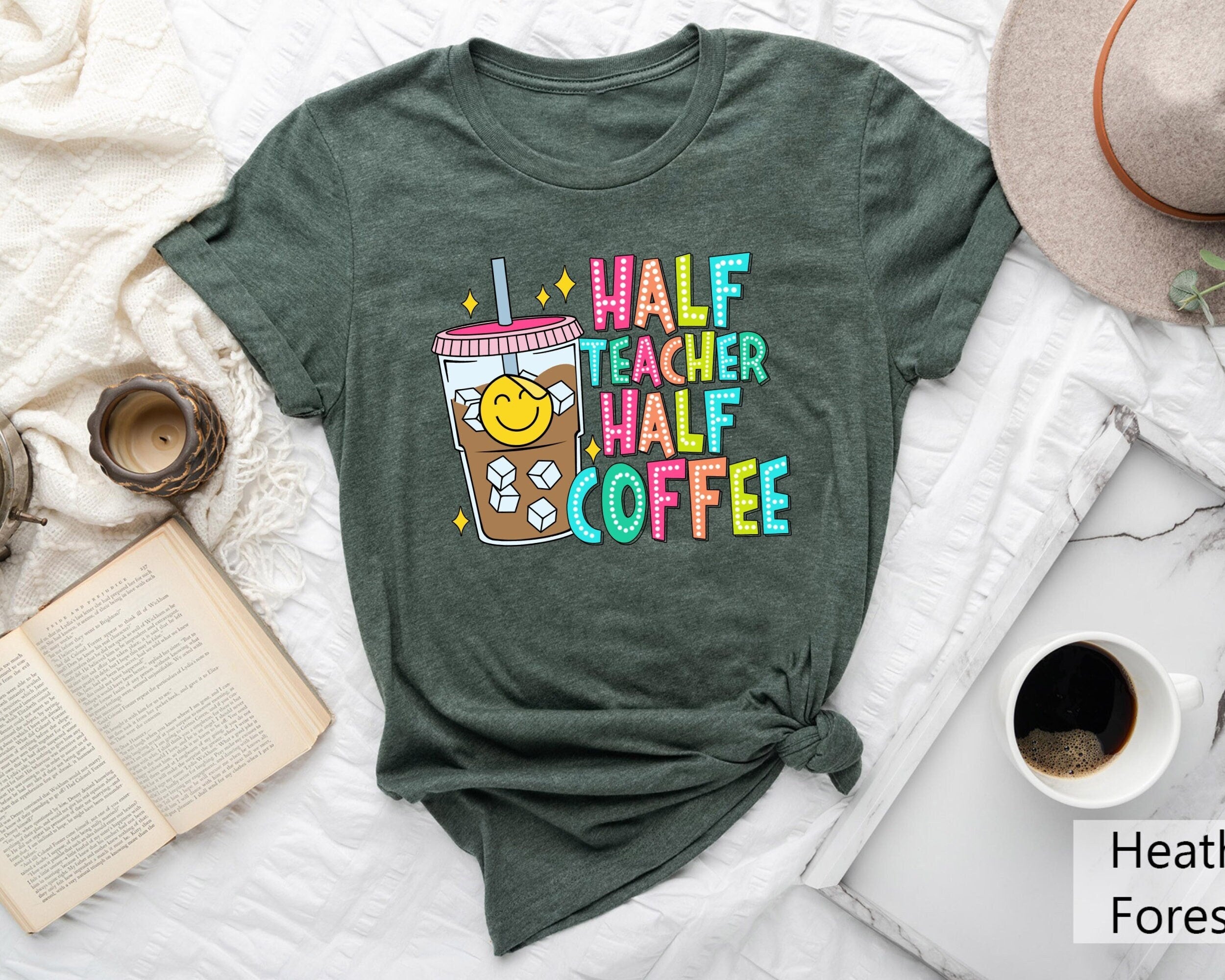 Half teacher half coffee fall teacher t shirt Graphic Tee – Aesthetic Look · Trending Graphic Apparel