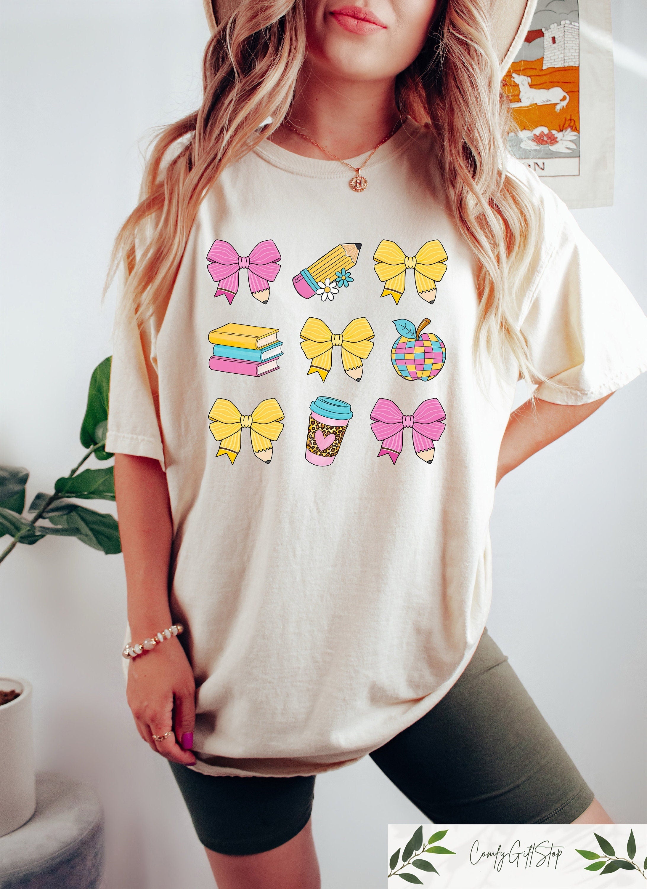 Apple Pencil Bow Teacher Shirt Teacher Back To School Shirt Coquette Bow Teacher Teacher Apple Shirt First Day Of School Teacher Gifts Graphic Tee – Cozy Vibes · Perfect For Daily Wear