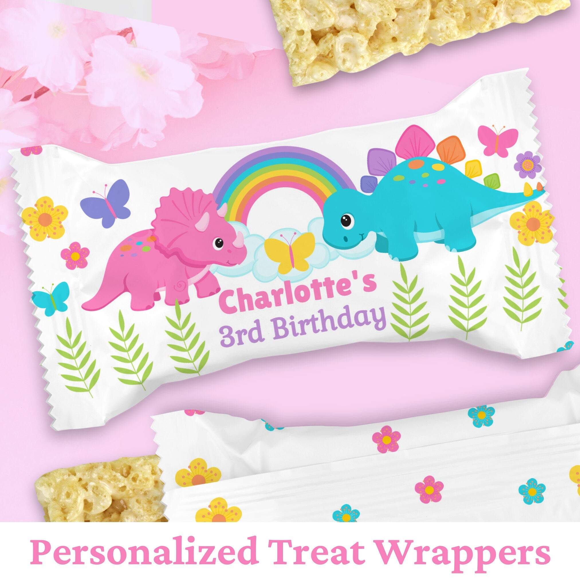 Custom Treat Wrappers Girl Dinosaur Party Custom Party Favor Three Rex Birthday Party Favor 3rd Birthday Rice Treat Wrappers Editable DIN3 Graphic Tee – Premium Graphic · Must-Have Style